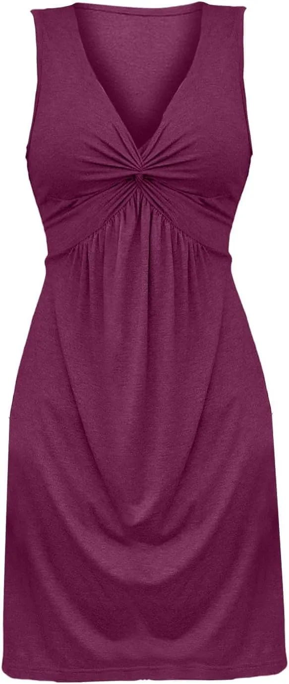 Womens V Neck Tank A Line Dresses Twist Front Ruffle Bodycon Sundress 2025 Summer Elegant Sleeveless Party Tunic