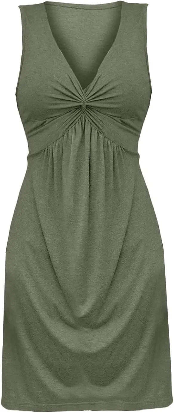 Womens V Neck Tank A Line Dresses Twist Front Ruffle Bodycon Sundress 2025 Summer Elegant Sleeveless Party Tunic
