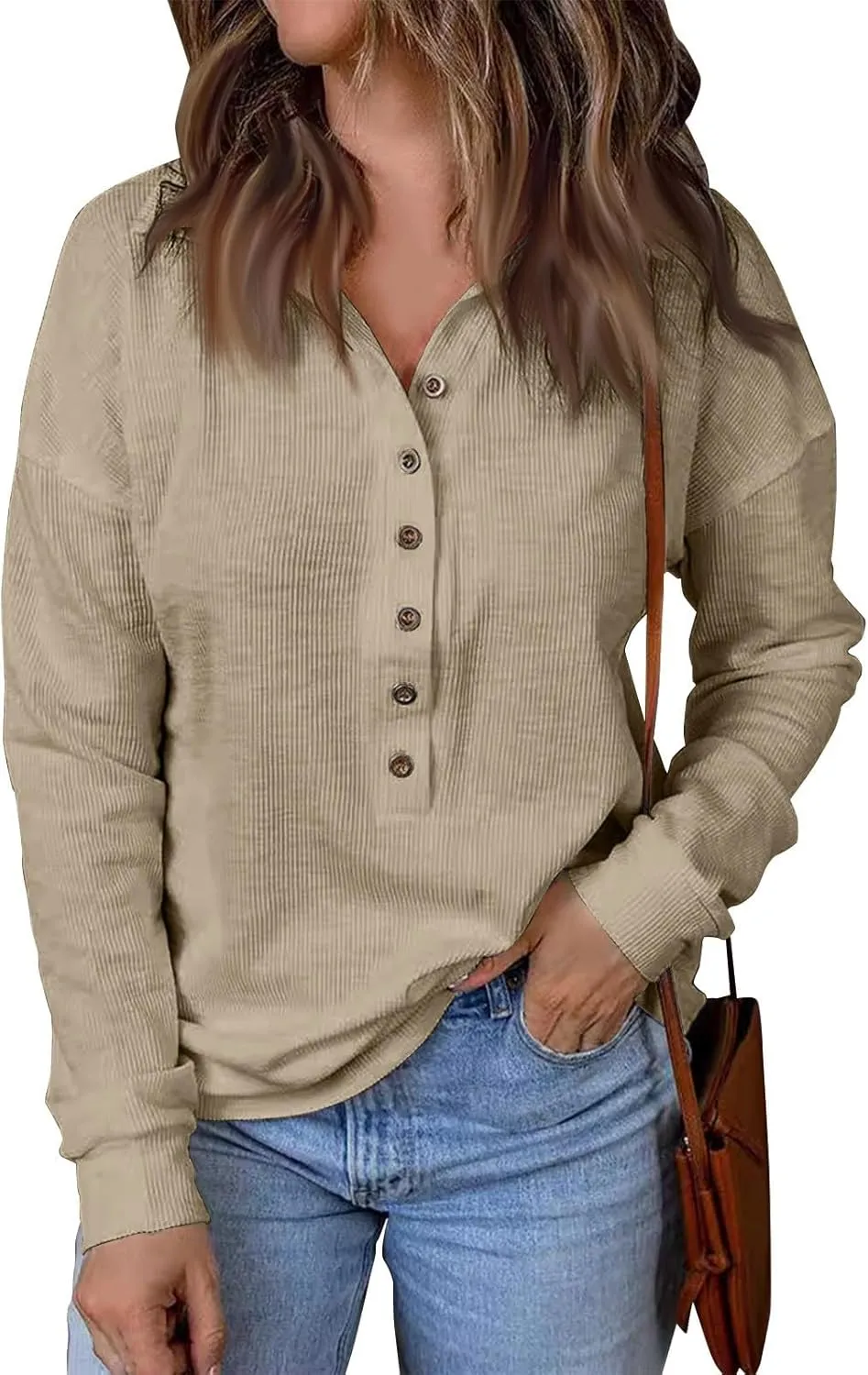 Women's Waffle Knit Tops Casual Long Sleeve Blouses Slim Fit Button Down V Neck Henley Shirt