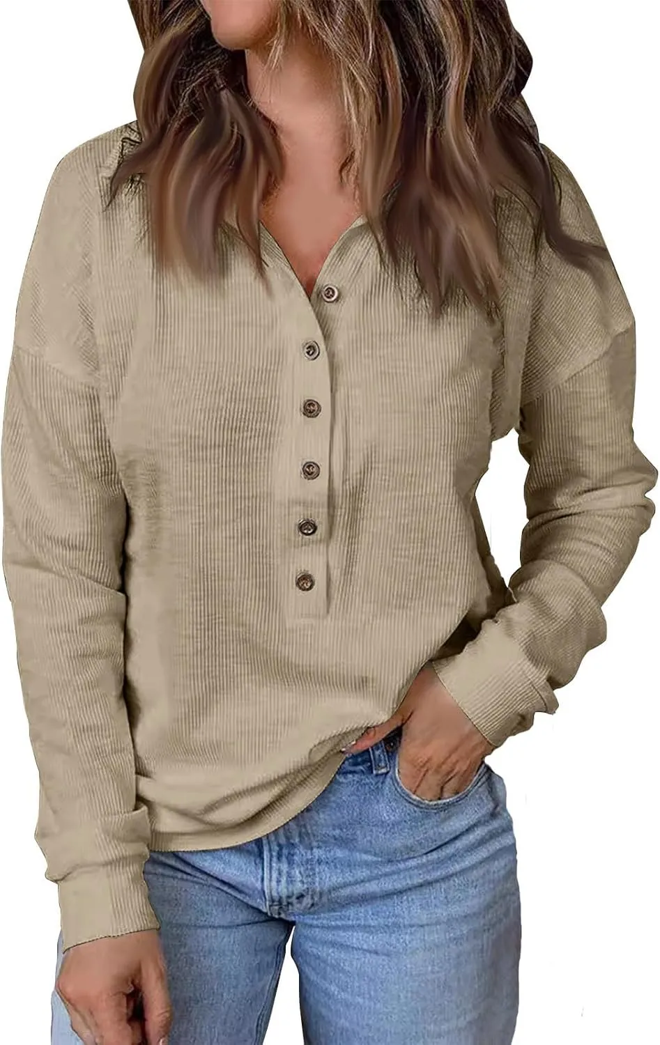 Women's Waffle Knit Tops Casual Long Sleeve Blouses Slim Fit Button Down V Neck Henley Shirt