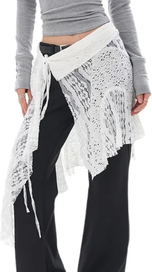 Women's Y2K Lace Pleated Skirts Asymmetrical Vintage Fairy Mesh Floral Mid Slip Skirt Layered Flowy Short Skirt Streetwear