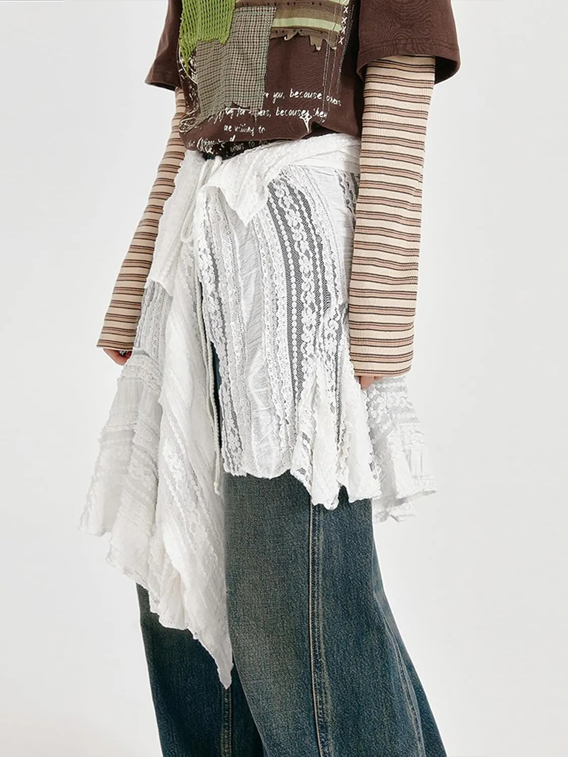 Women's Y2K Lace Pleated Skirts Asymmetrical Vintage Fairy Mesh Floral Mid Slip Skirt Layered Flowy Short Skirt Streetwear