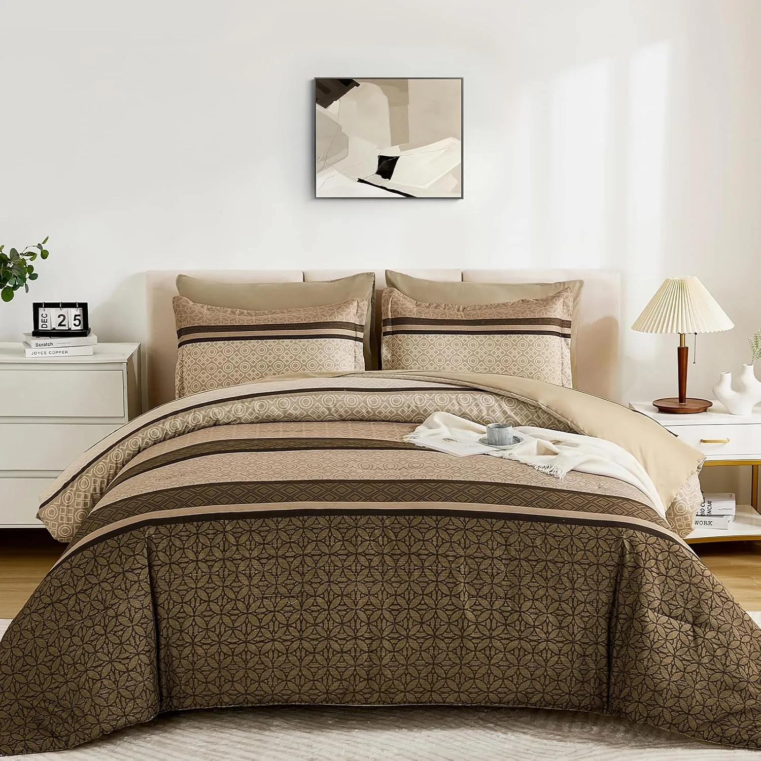 WONGS BEDDING 7 Pieces Comforter Set King Size, Brown Striped Bed in a Bag Comforter and Sheet Set, Bohemian Soft Lightweight Micorfiber Bedding Set for All Season (90"×104")