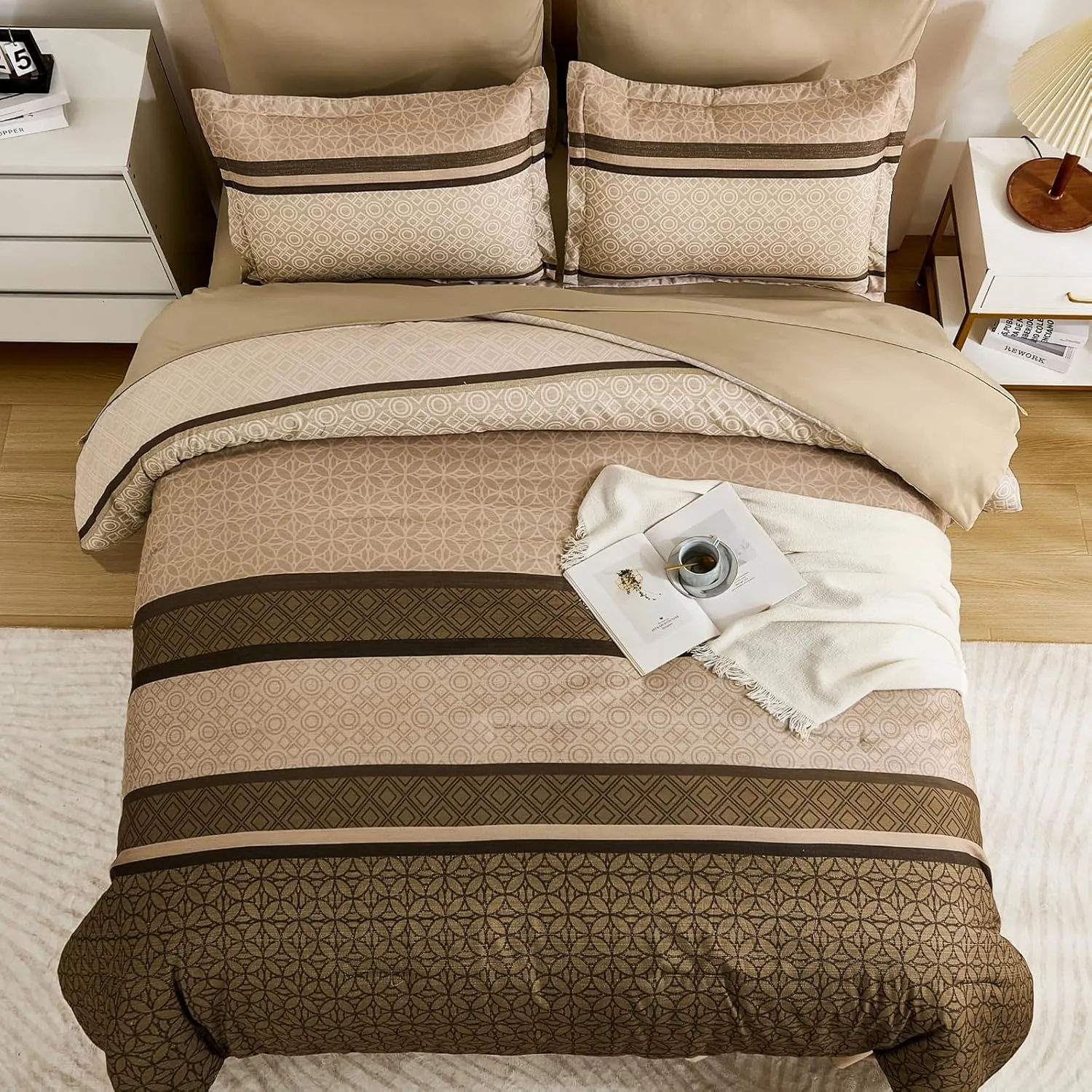 WONGS BEDDING 7 Pieces Comforter Set King Size, Brown Striped Bed in a Bag Comforter and Sheet Set, Bohemian Soft Lightweight Micorfiber Bedding Set for All Season (90"×104")