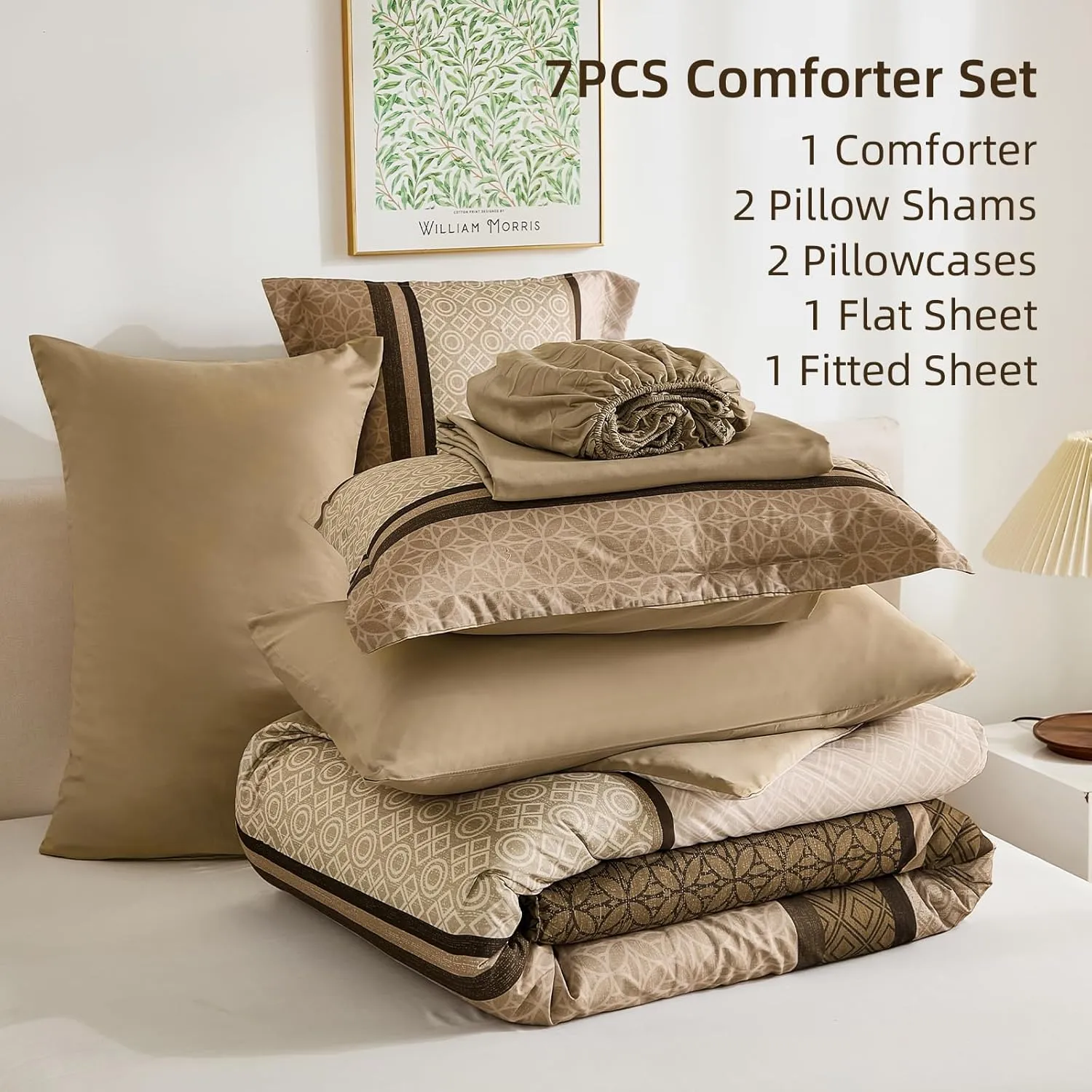 WONGS BEDDING 7 Pieces Comforter Set King Size, Brown Striped Bed in a Bag Comforter and Sheet Set, Bohemian Soft Lightweight Micorfiber Bedding Set for All Season (90"×104")