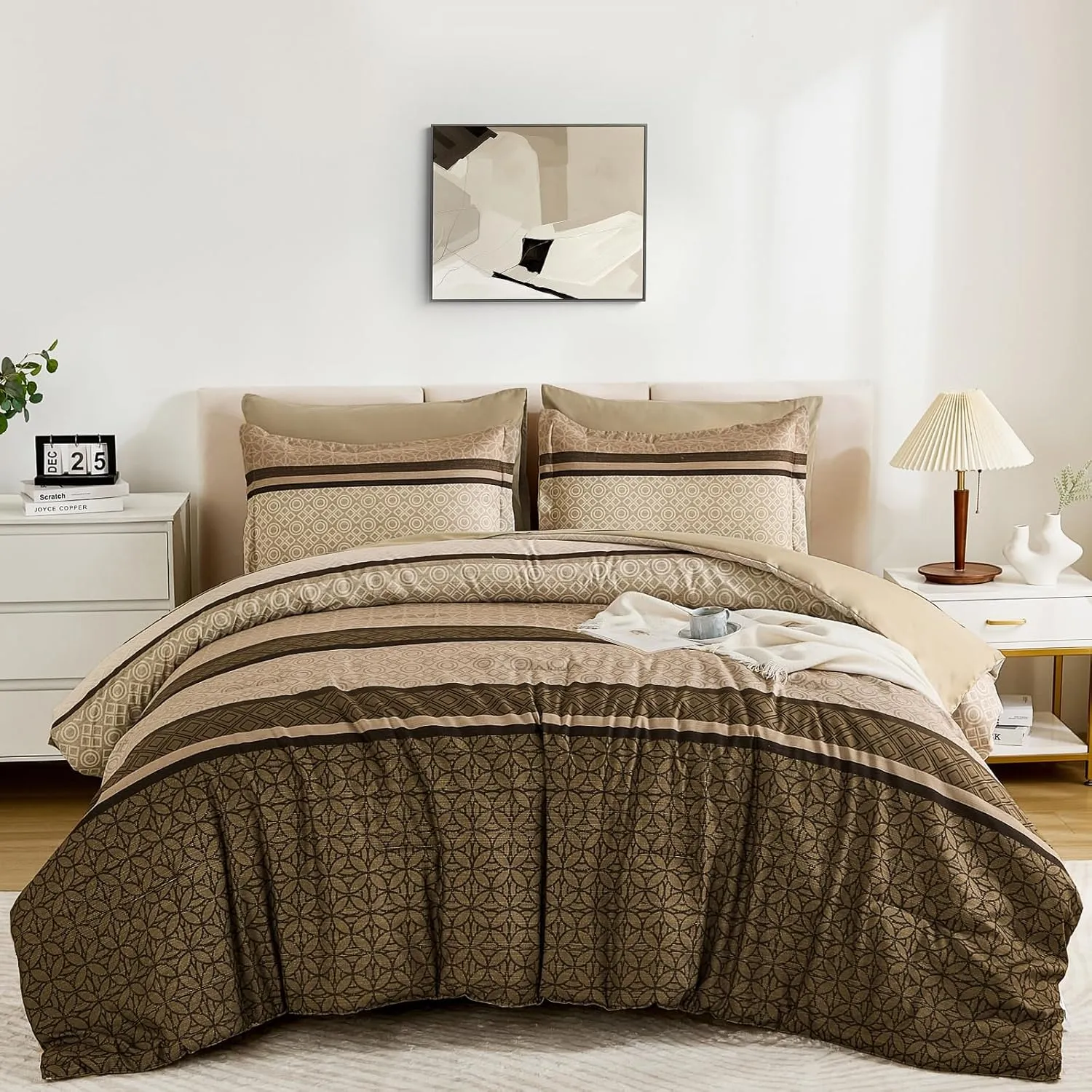WONGS BEDDING 7 Pieces Comforter Set King Size, Brown Striped Bed in a Bag Comforter and Sheet Set, Bohemian Soft Lightweight Micorfiber Bedding Set for All Season (90"×104")
