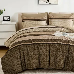 WONGS BEDDING 7 Pieces Comforter Set King Size, Brown Striped Bed in a Bag Comforter and Sheet Set, Bohemian Soft Lightweight Micorfiber Bedding Set for All Season (90"×104")