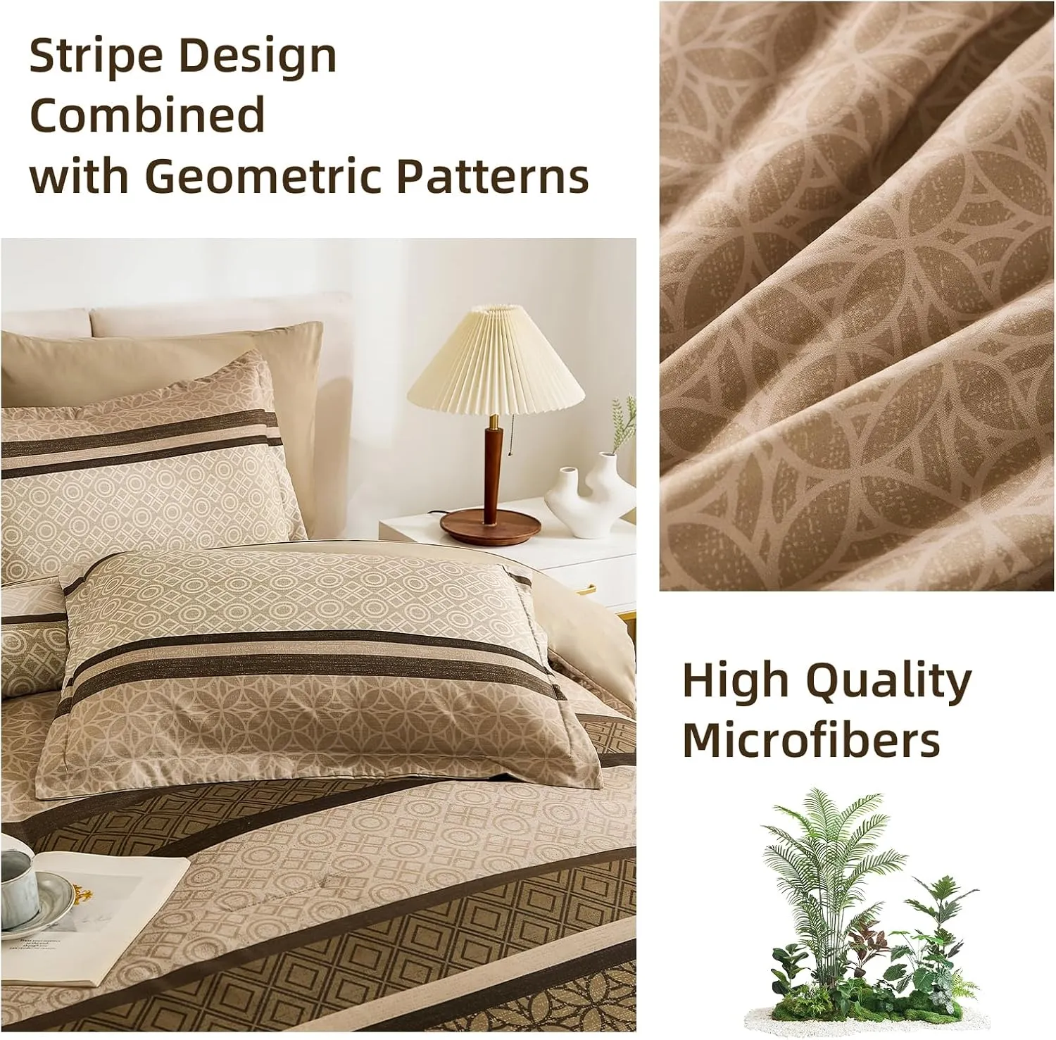 WONGS BEDDING 7 Pieces Comforter Set King Size, Brown Striped Bed in a Bag Comforter and Sheet Set, Bohemian Soft Lightweight Micorfiber Bedding Set for All Season (90"×104")