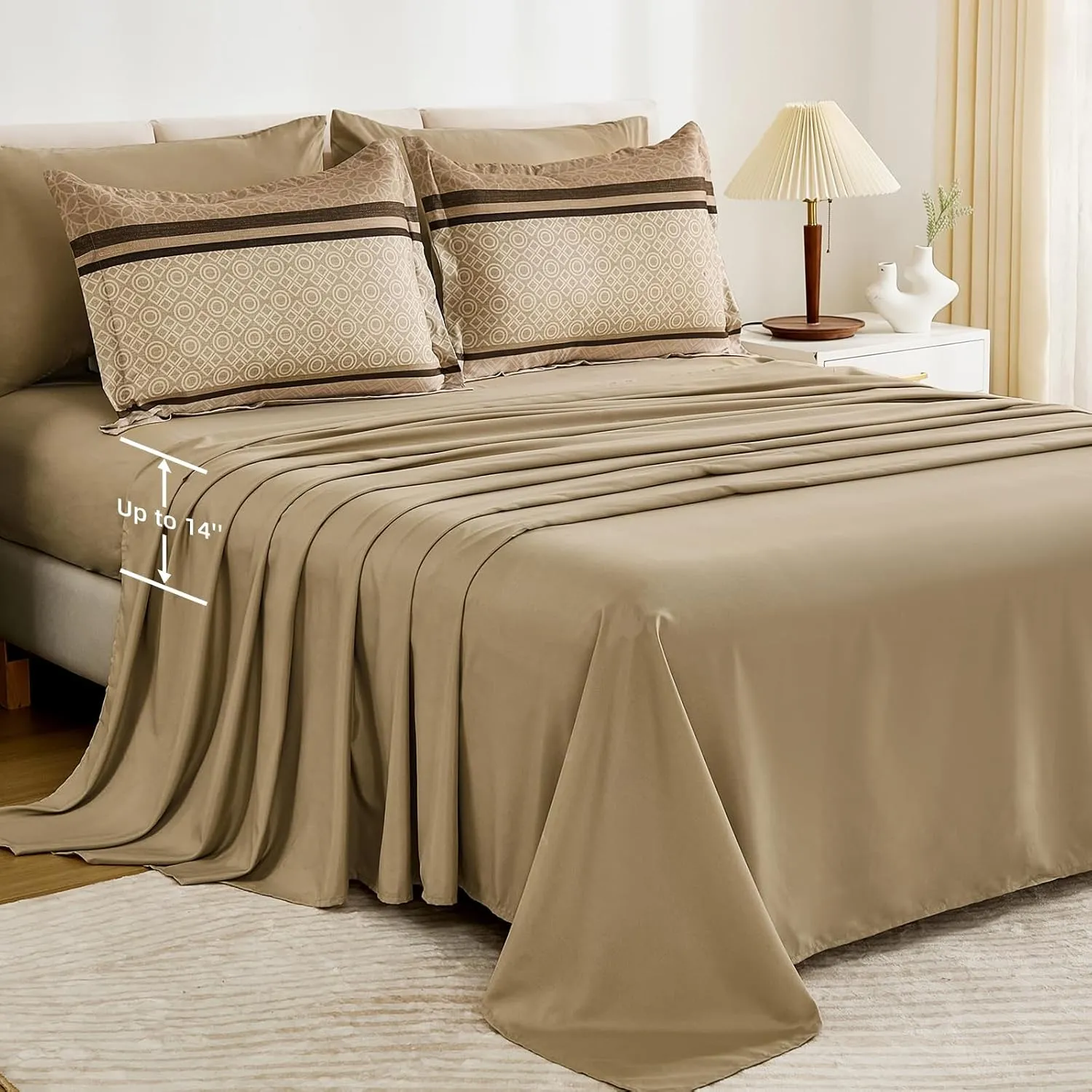 WONGS BEDDING 7 Pieces Comforter Set King Size, Brown Striped Bed in a Bag Comforter and Sheet Set, Bohemian Soft Lightweight Micorfiber Bedding Set for All Season (90"×104")