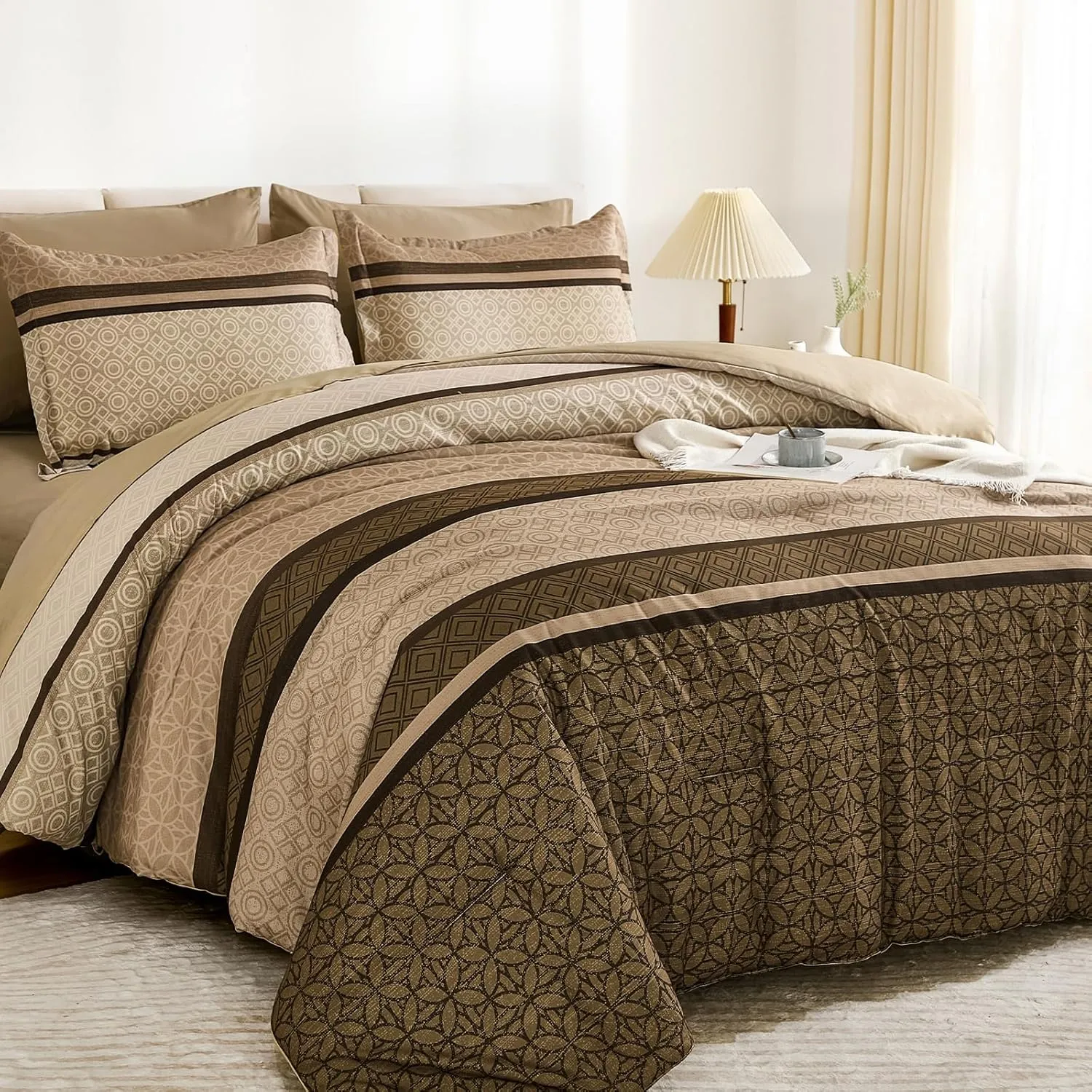 WONGS BEDDING 7 Pieces Comforter Set King Size, Brown Striped Bed in a Bag Comforter and Sheet Set, Bohemian Soft Lightweight Micorfiber Bedding Set for All Season (90"×104")