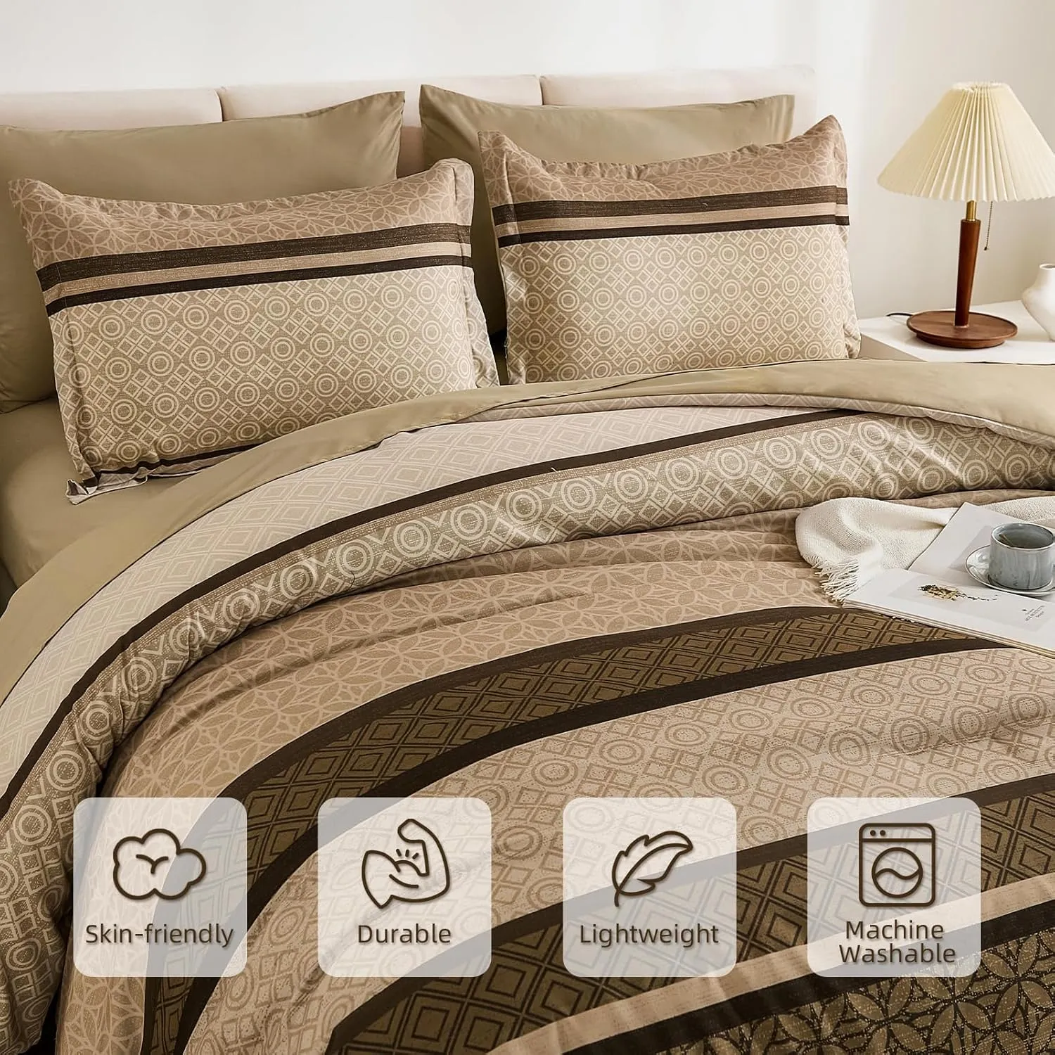WONGS BEDDING 7 Pieces Comforter Set King Size, Brown Striped Bed in a Bag Comforter and Sheet Set, Bohemian Soft Lightweight Micorfiber Bedding Set for All Season (90"×104")