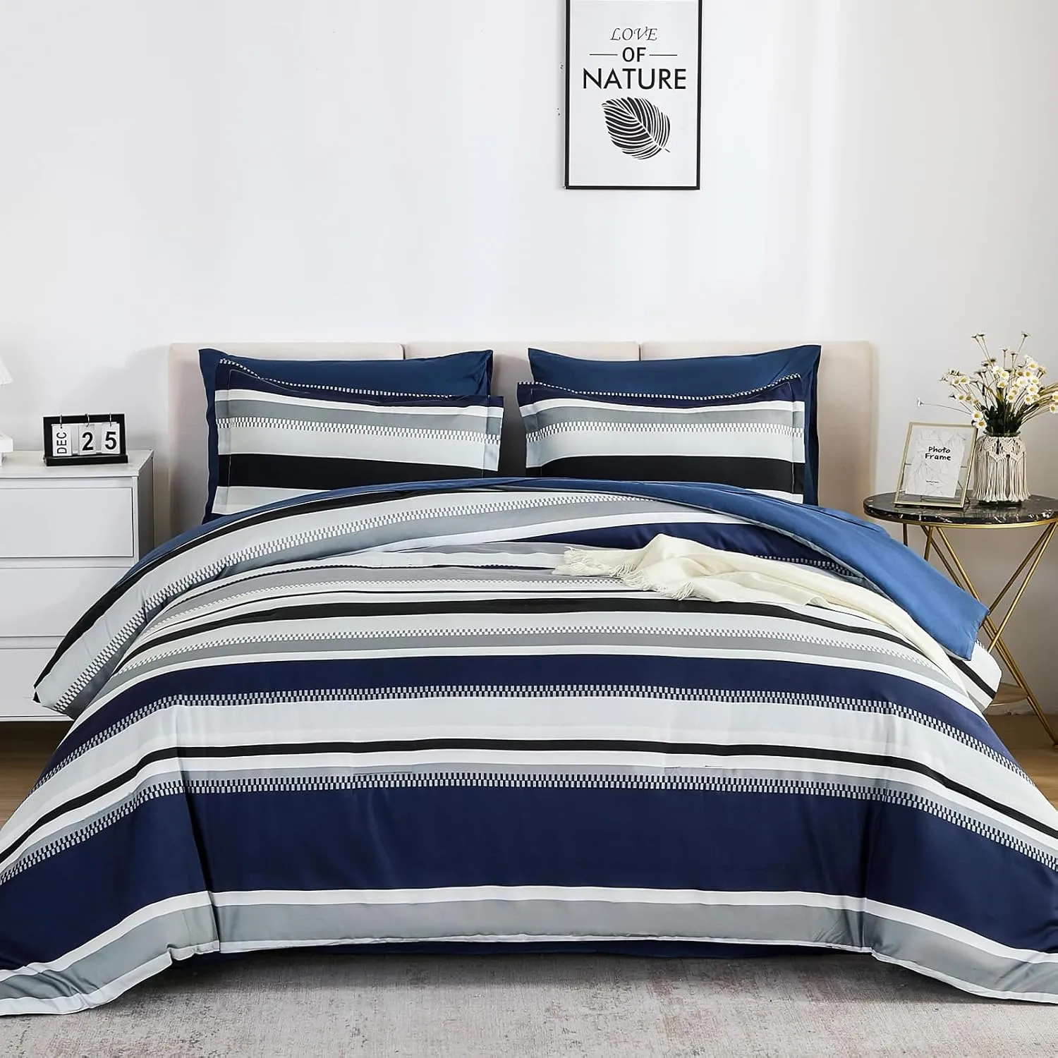 WONGS BEDDING Queen Comforter Set, 7 Pieces Blue Comforter Set Queen, Soft Striped Bed in a Bag Bedding Set with Comforter, Flat Sheet, Fitted Sheet, Pillow Shams, Pillowcase