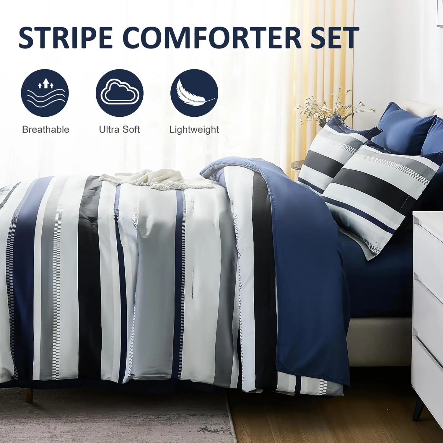 WONGS BEDDING Queen Comforter Set, 7 Pieces Blue Comforter Set Queen, Soft Striped Bed in a Bag Bedding Set with Comforter, Flat Sheet, Fitted Sheet, Pillow Shams, Pillowcase