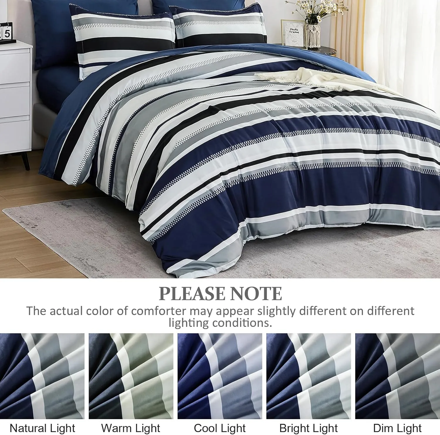 WONGS BEDDING Queen Comforter Set, 7 Pieces Blue Comforter Set Queen, Soft Striped Bed in a Bag Bedding Set with Comforter, Flat Sheet, Fitted Sheet, Pillow Shams, Pillowcase