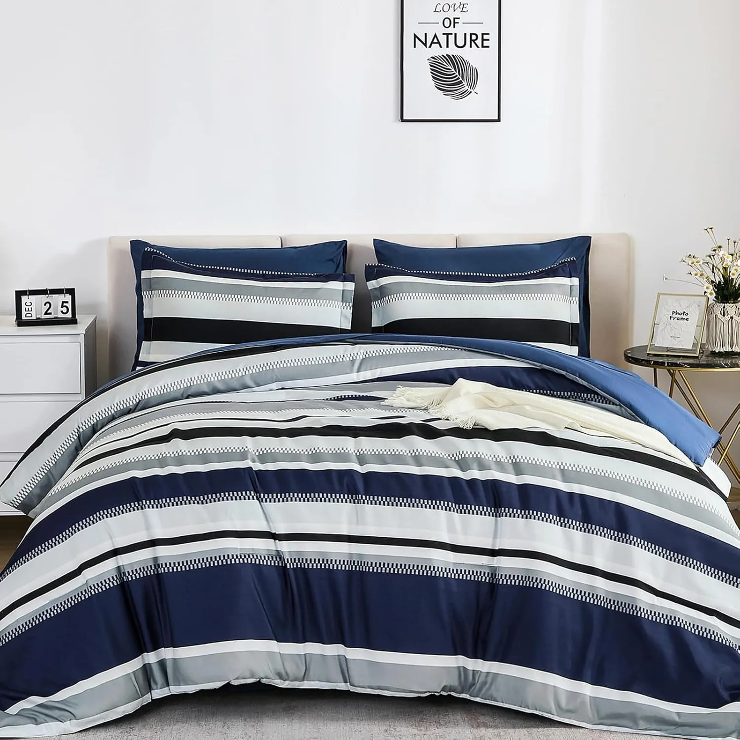 WONGS BEDDING Queen Comforter Set, 7 Pieces Blue Comforter Set Queen, Soft Striped Bed in a Bag Bedding Set with Comforter, Flat Sheet, Fitted Sheet, Pillow Shams, Pillowcase