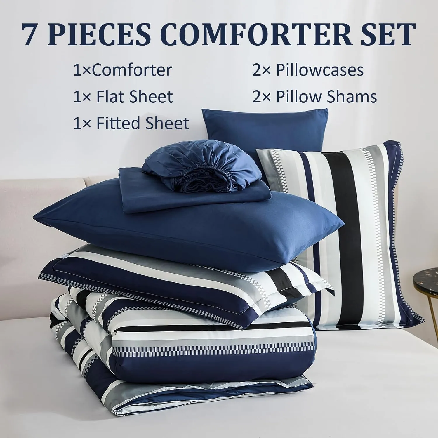WONGS BEDDING Queen Comforter Set, 7 Pieces Blue Comforter Set Queen, Soft Striped Bed in a Bag Bedding Set with Comforter, Flat Sheet, Fitted Sheet, Pillow Shams, Pillowcase
