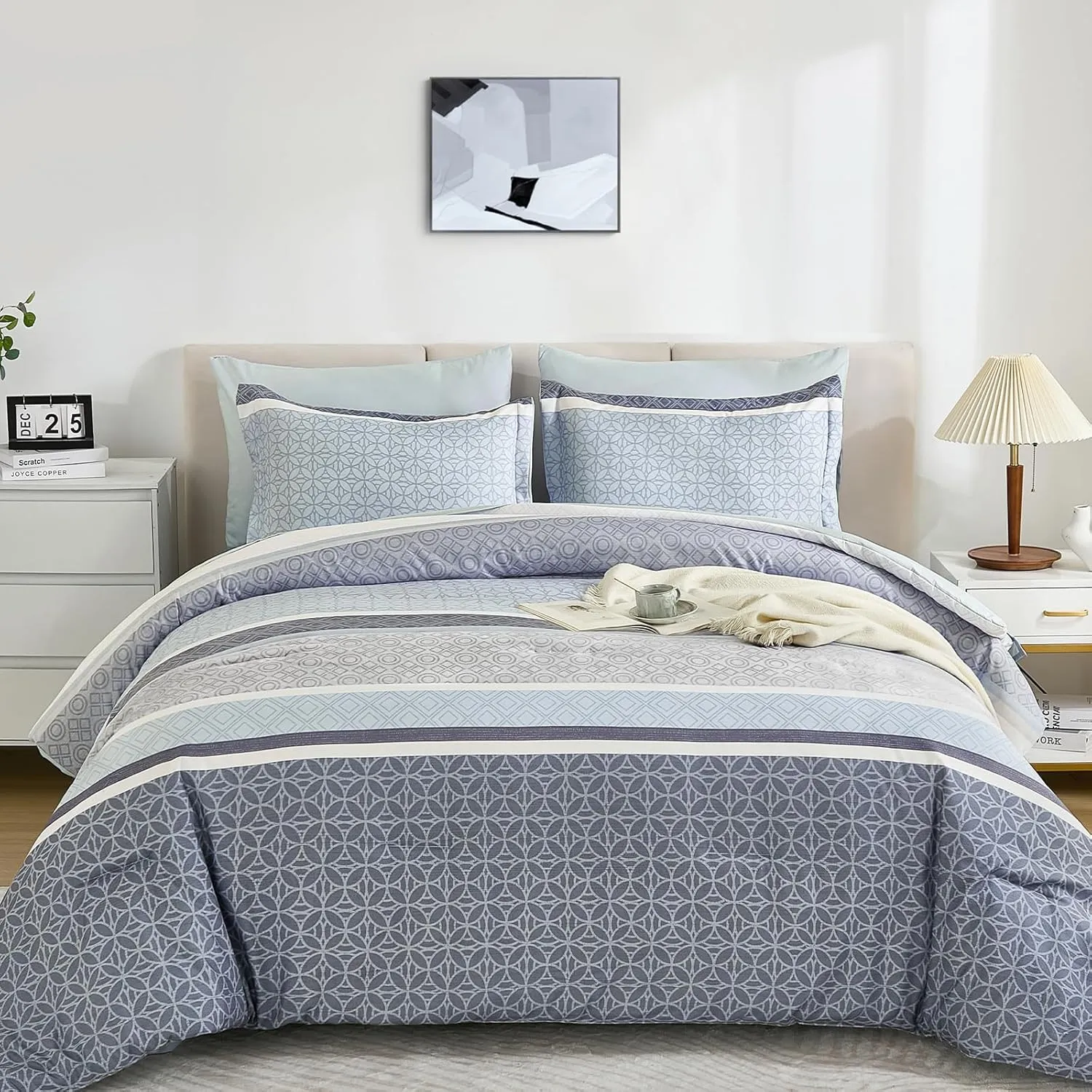 WONGS BEDDING Queen Size Comforter Set 7 Pieces, Blue Striped Bed in a Bag Comforter and Sheet Set, Boho Soft Lightweight Micorfiber Bedding Set for All Seaon (90"×90")