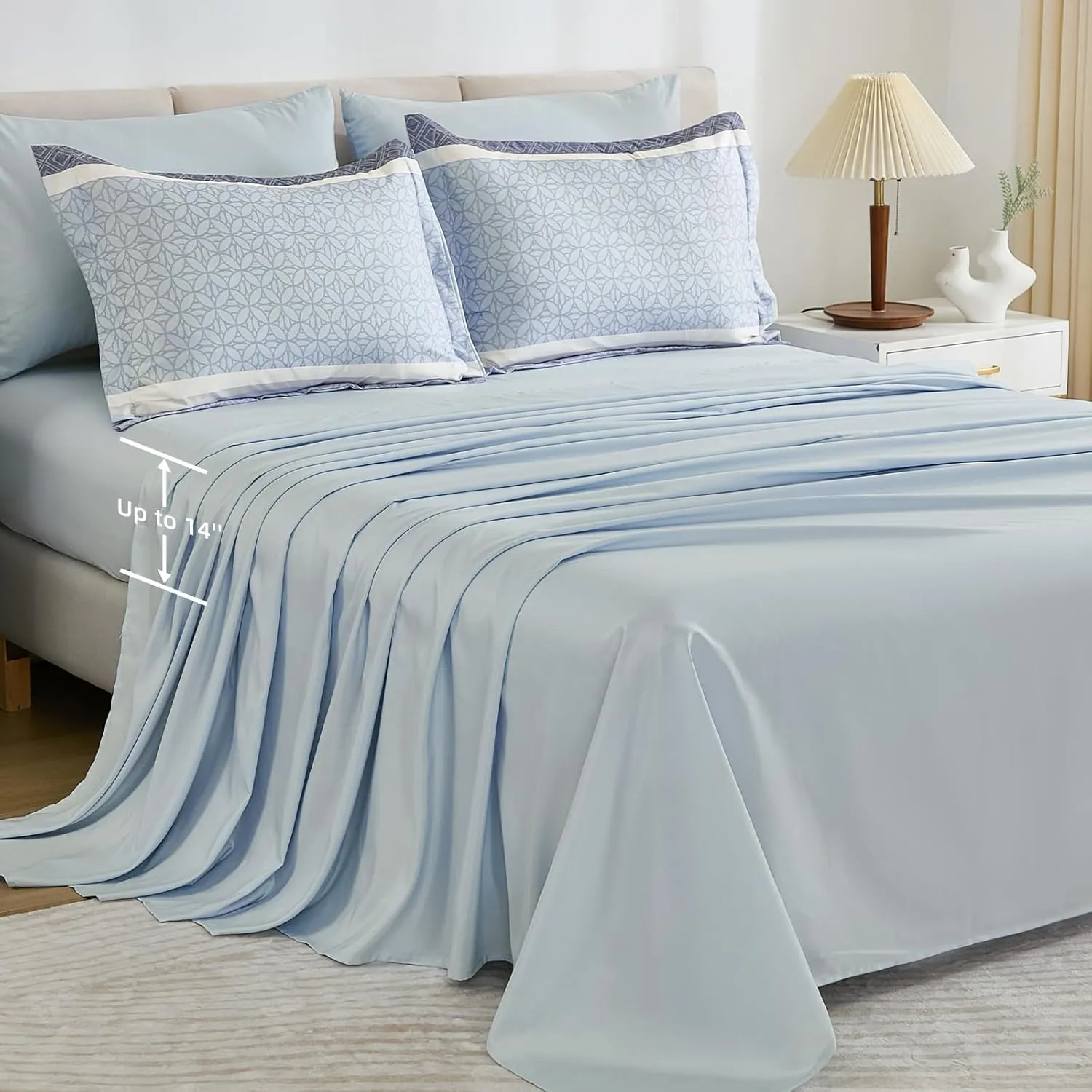 WONGS BEDDING Queen Size Comforter Set 7 Pieces, Blue Striped Bed in a Bag Comforter and Sheet Set, Boho Soft Lightweight Micorfiber Bedding Set for All Seaon (90"×90")
