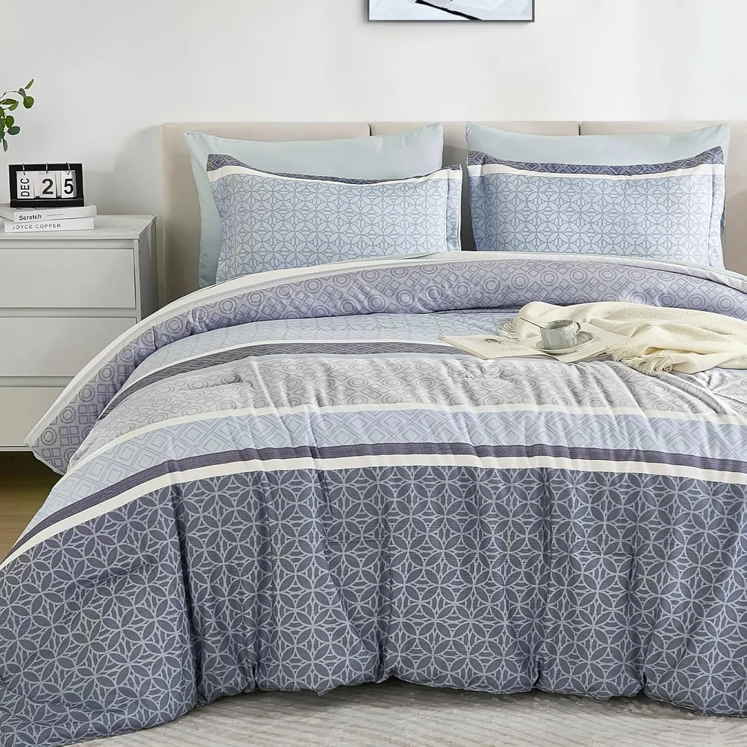 WONGS BEDDING Queen Size Comforter Set 7 Pieces, Blue Striped Bed in a Bag Comforter and Sheet Set, Boho Soft Lightweight Micorfiber Bedding Set for All Seaon (90"×90")