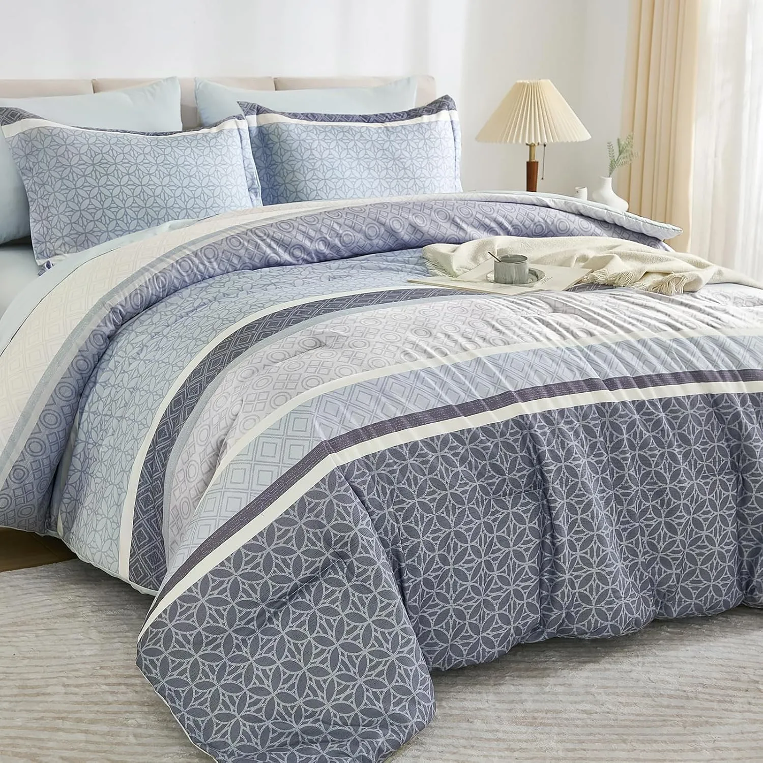 WONGS BEDDING Queen Size Comforter Set 7 Pieces, Blue Striped Bed in a Bag Comforter and Sheet Set, Boho Soft Lightweight Micorfiber Bedding Set for All Seaon (90"×90")
