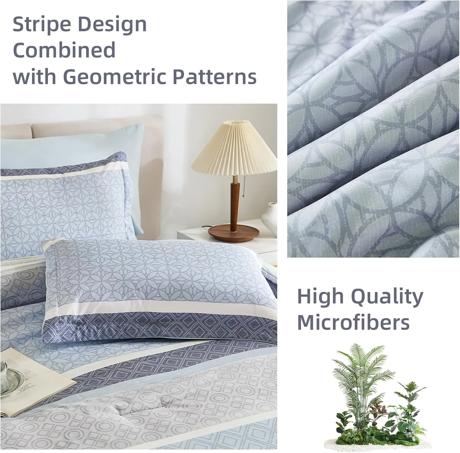 WONGS BEDDING Queen Size Comforter Set 7 Pieces, Blue Striped Bed in a Bag Comforter and Sheet Set, Boho Soft Lightweight Micorfiber Bedding Set for All Seaon (90"×90")