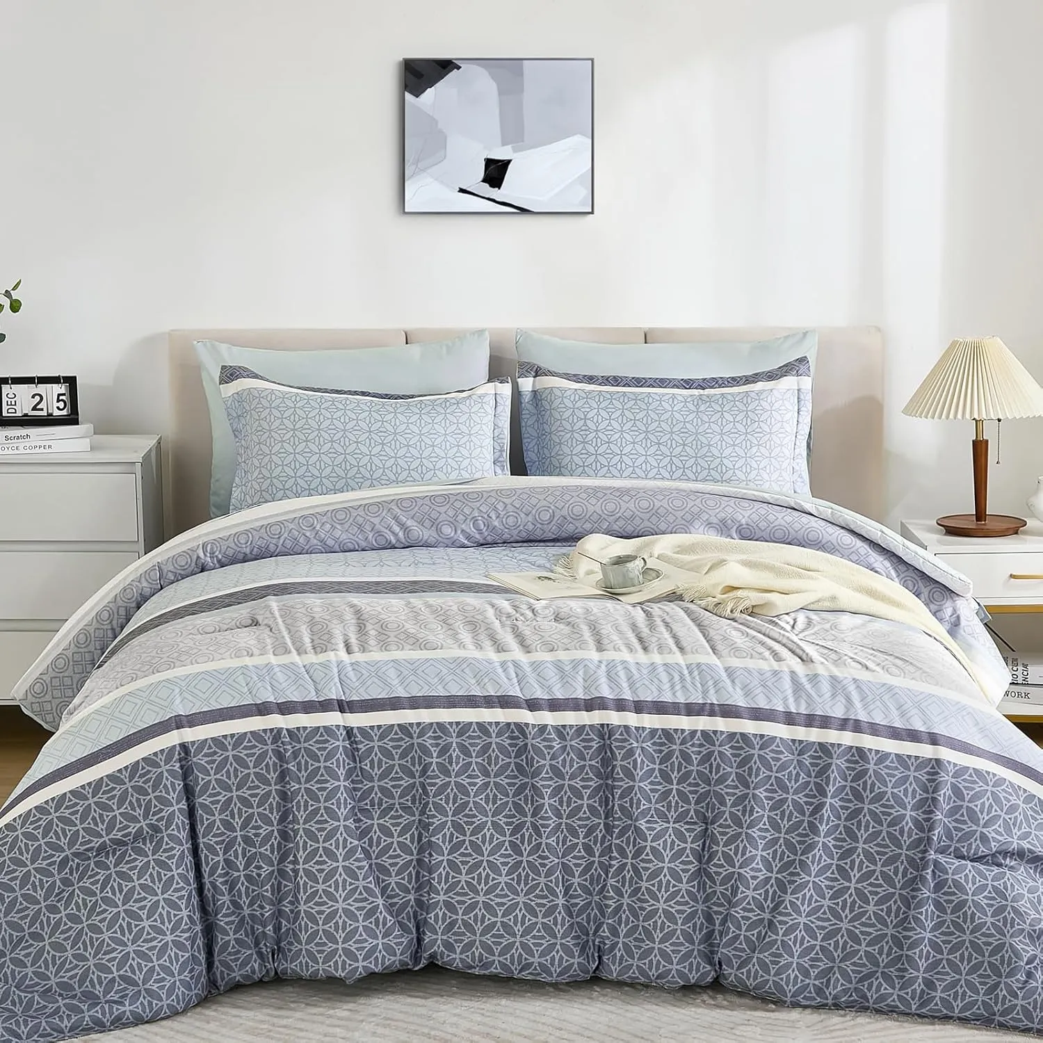 WONGS BEDDING Queen Size Comforter Set 7 Pieces, Blue Striped Bed in a Bag Comforter and Sheet Set, Boho Soft Lightweight Micorfiber Bedding Set for All Seaon (90"×90")