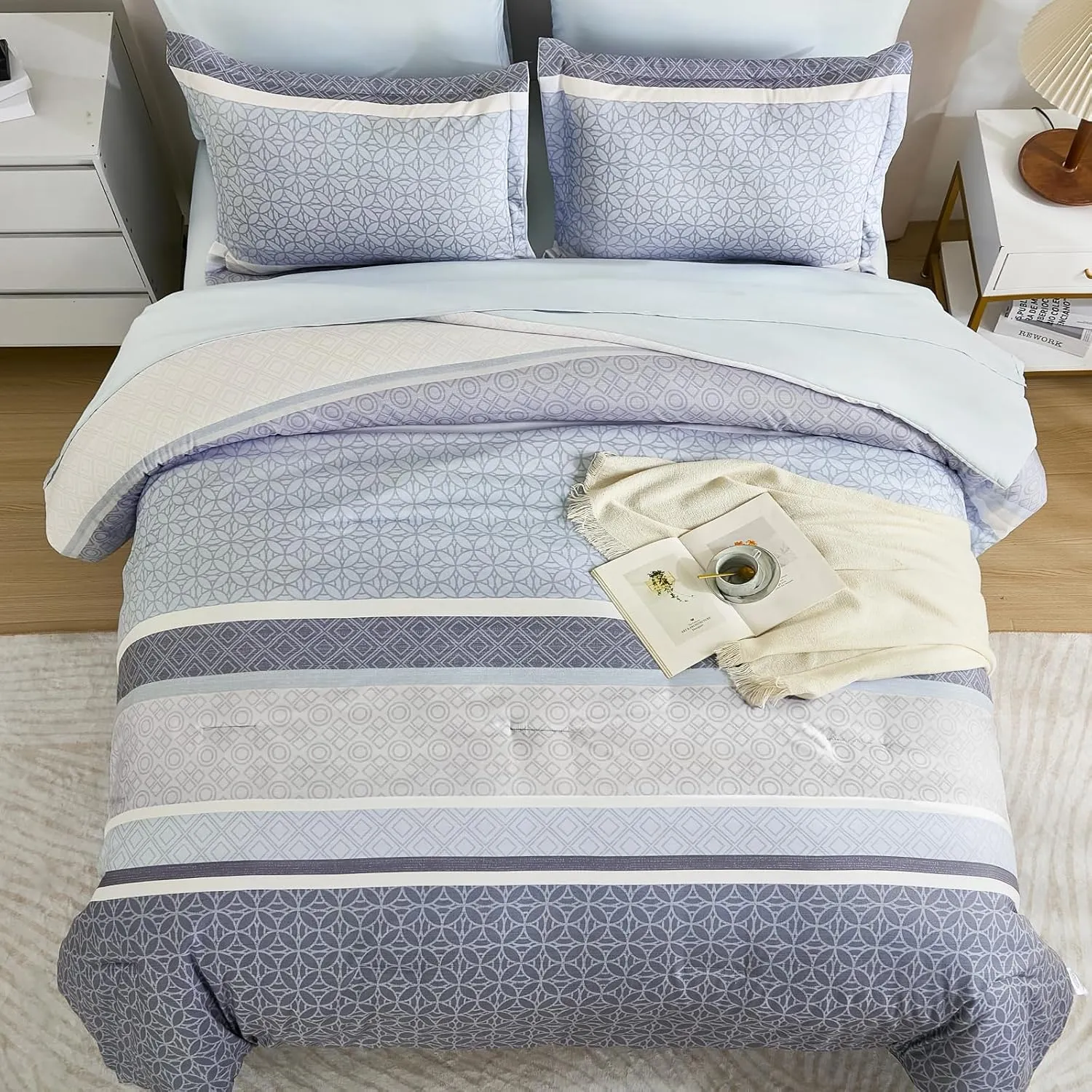 WONGS BEDDING Queen Size Comforter Set 7 Pieces, Blue Striped Bed in a Bag Comforter and Sheet Set, Boho Soft Lightweight Micorfiber Bedding Set for All Seaon (90"×90")