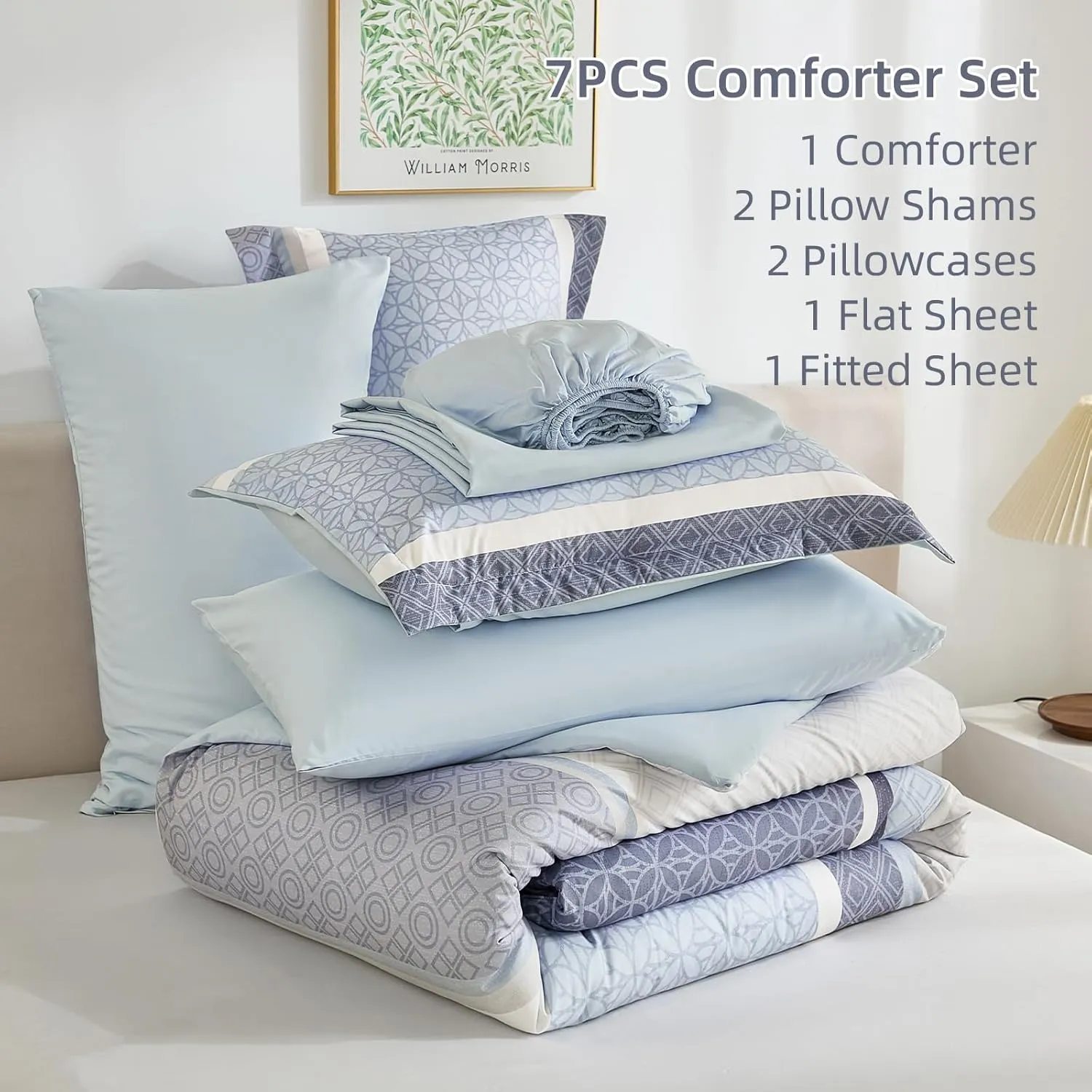 WONGS BEDDING Queen Size Comforter Set 7 Pieces, Blue Striped Bed in a Bag Comforter and Sheet Set, Boho Soft Lightweight Micorfiber Bedding Set for All Seaon (90"×90")