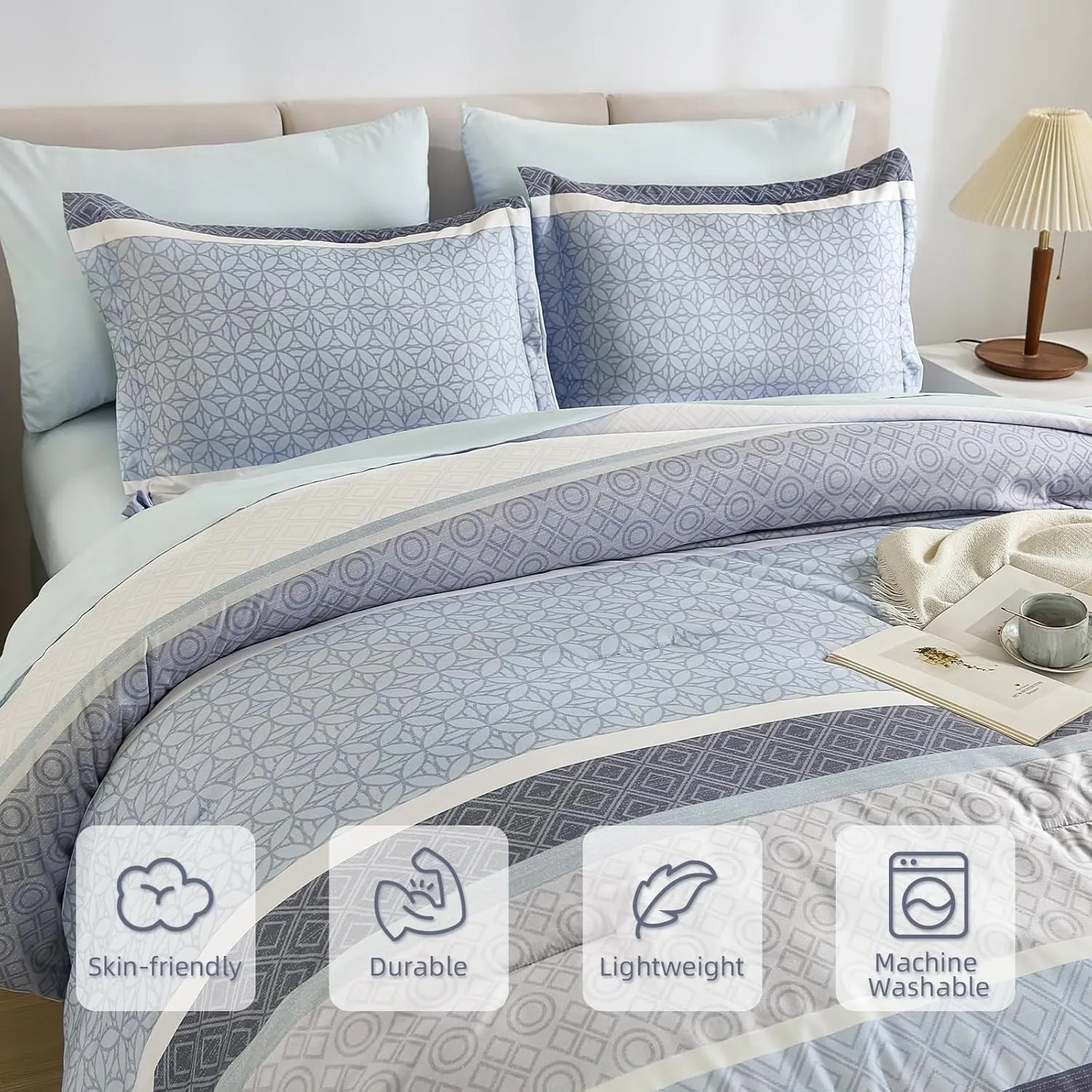 WONGS BEDDING Queen Size Comforter Set 7 Pieces, Blue Striped Bed in a Bag Comforter and Sheet Set, Boho Soft Lightweight Micorfiber Bedding Set for All Seaon (90"×90")
