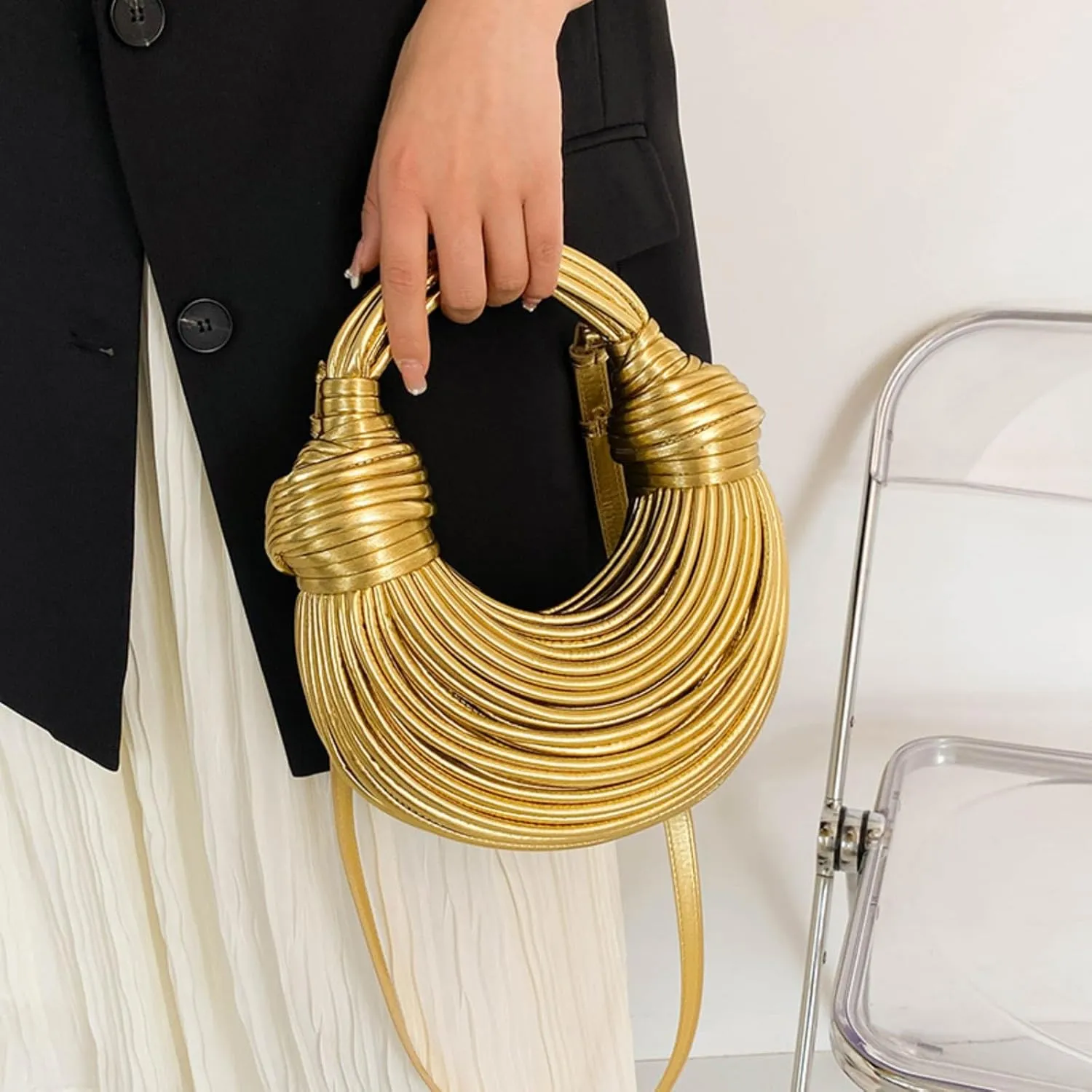 Woven Crossbody Bag for Women, Small Leather Clutch Purse Knotted Bread Handbag Top Handle Noodles Shoulder Bag.
