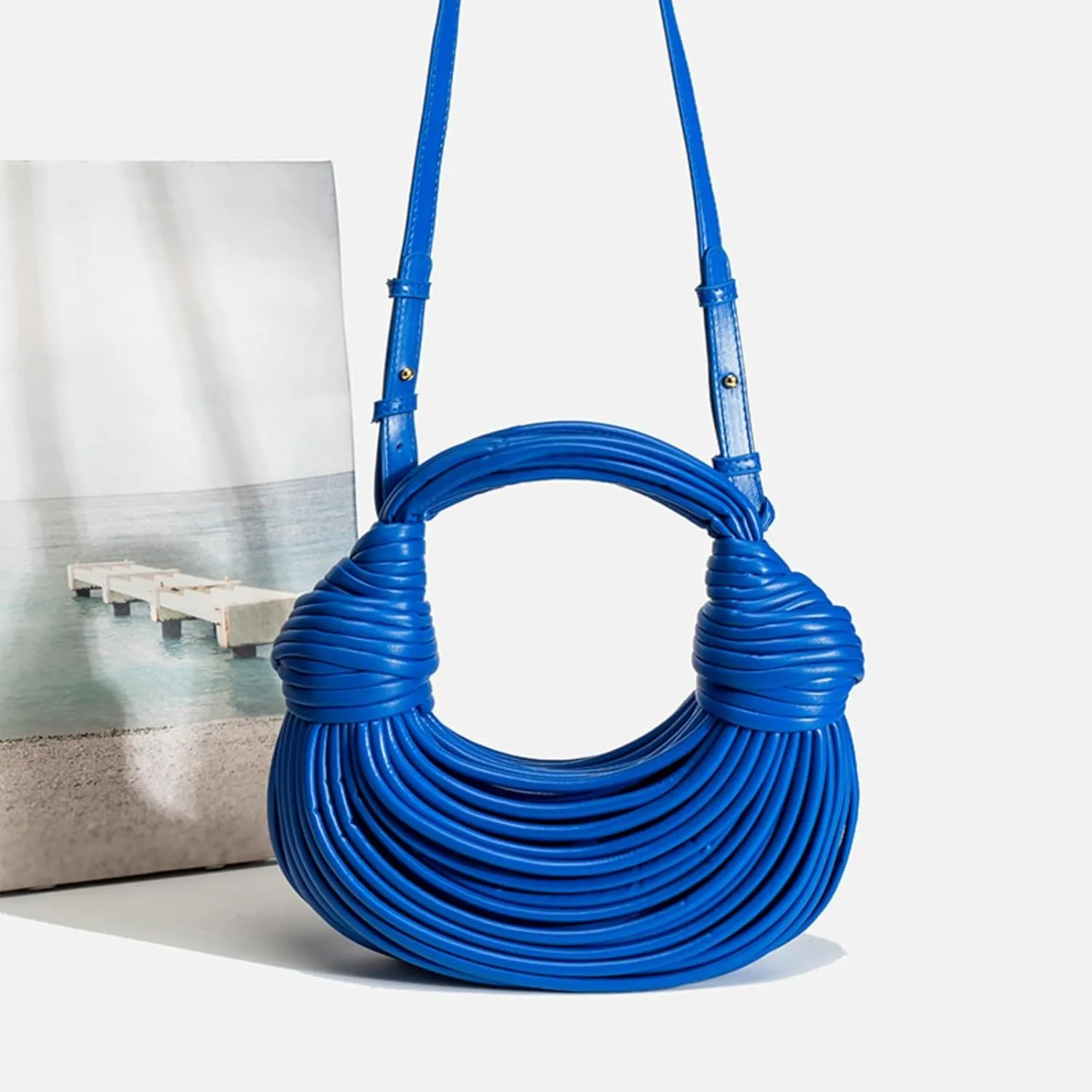 Woven Crossbody Bag for Women, Small Leather Clutch Purse Knotted Bread Handbag Top Handle Noodles Shoulder Bag.