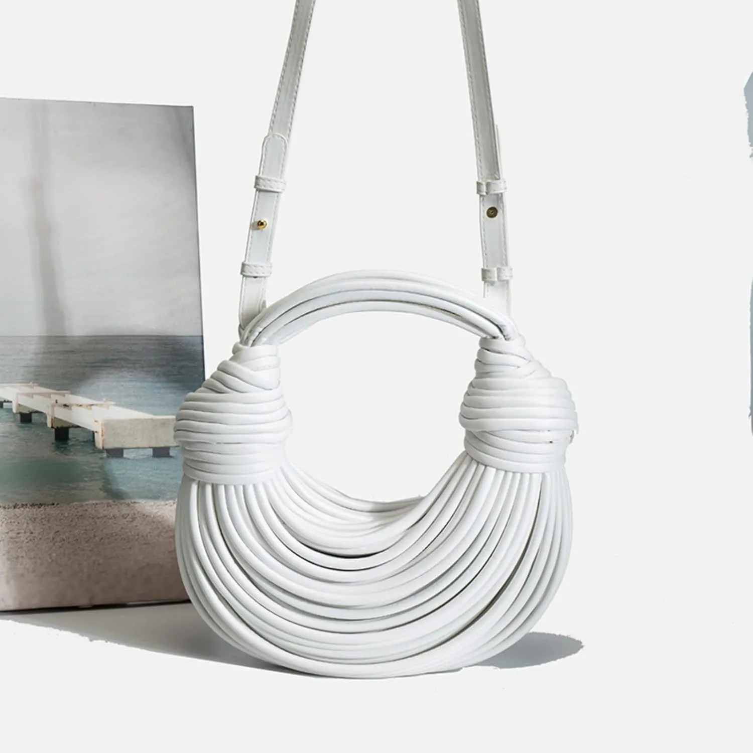 Woven Crossbody Bag for Women, Small Leather Clutch Purse Knotted Bread Handbag Top Handle Noodles Shoulder Bag.