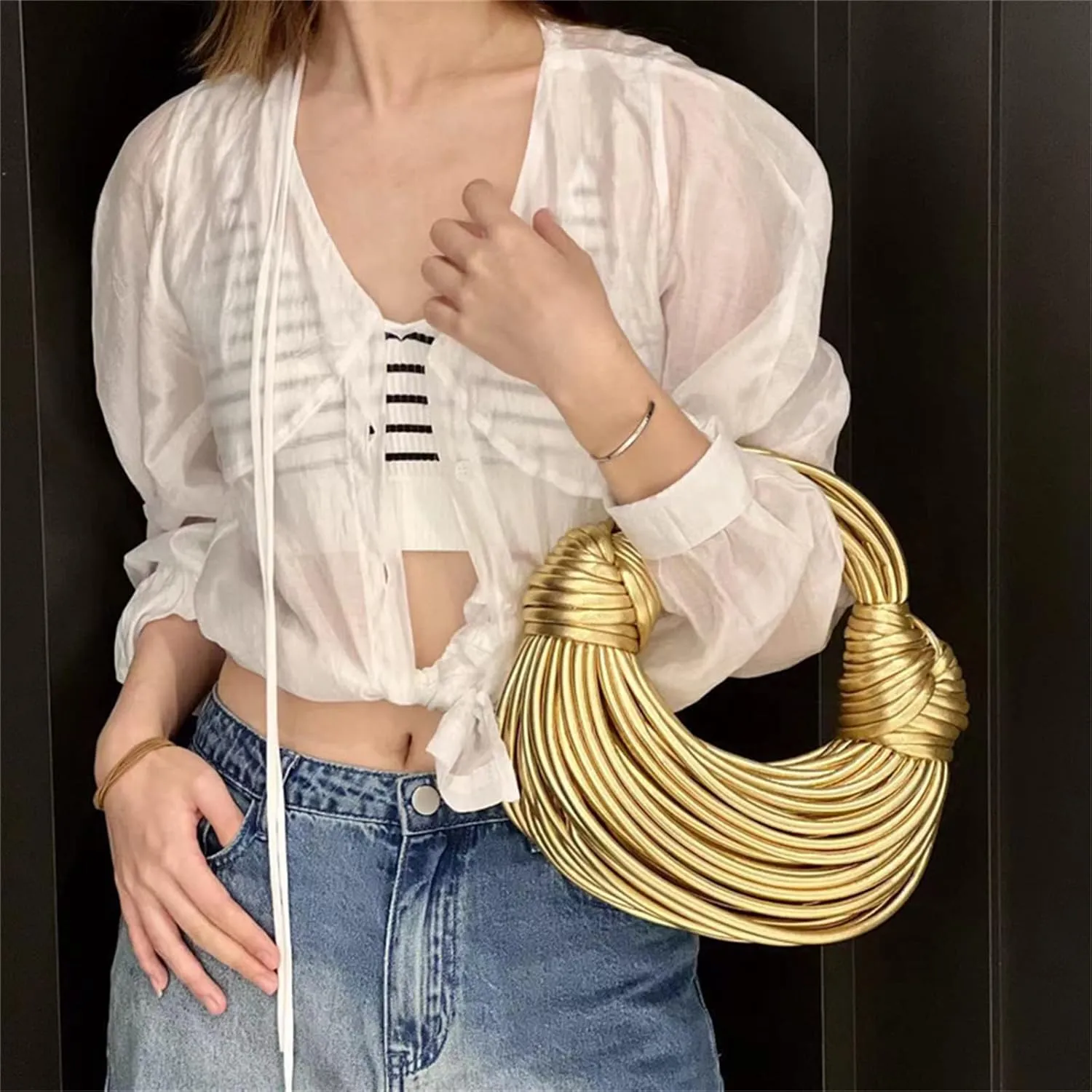 Woven Crossbody Bag for Women, Small Leather Clutch Purse Knotted Bread Handbag Top Handle Noodles Shoulder Bag.
