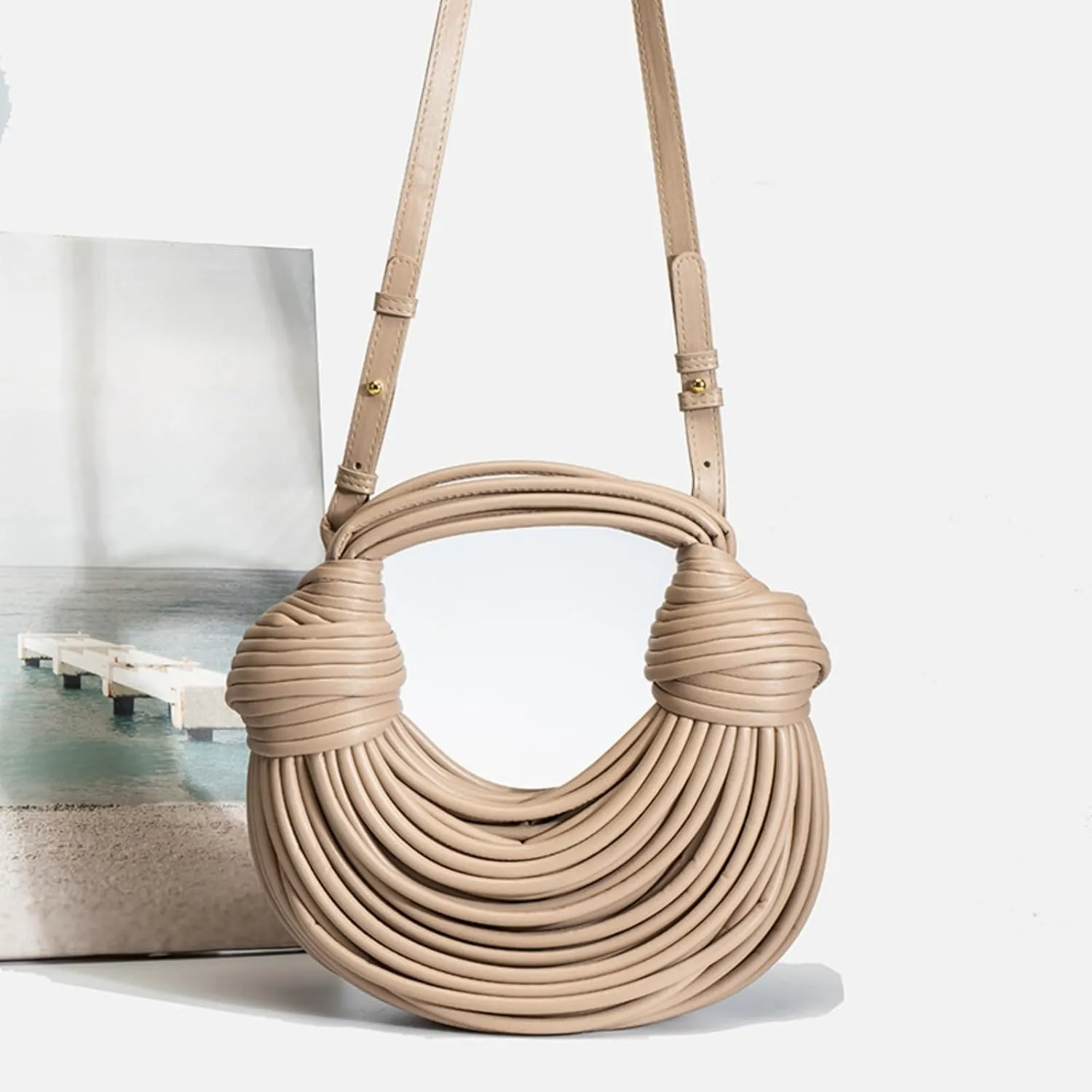 Woven Crossbody Bag for Women, Small Leather Clutch Purse Knotted Bread Handbag Top Handle Noodles Shoulder Bag.