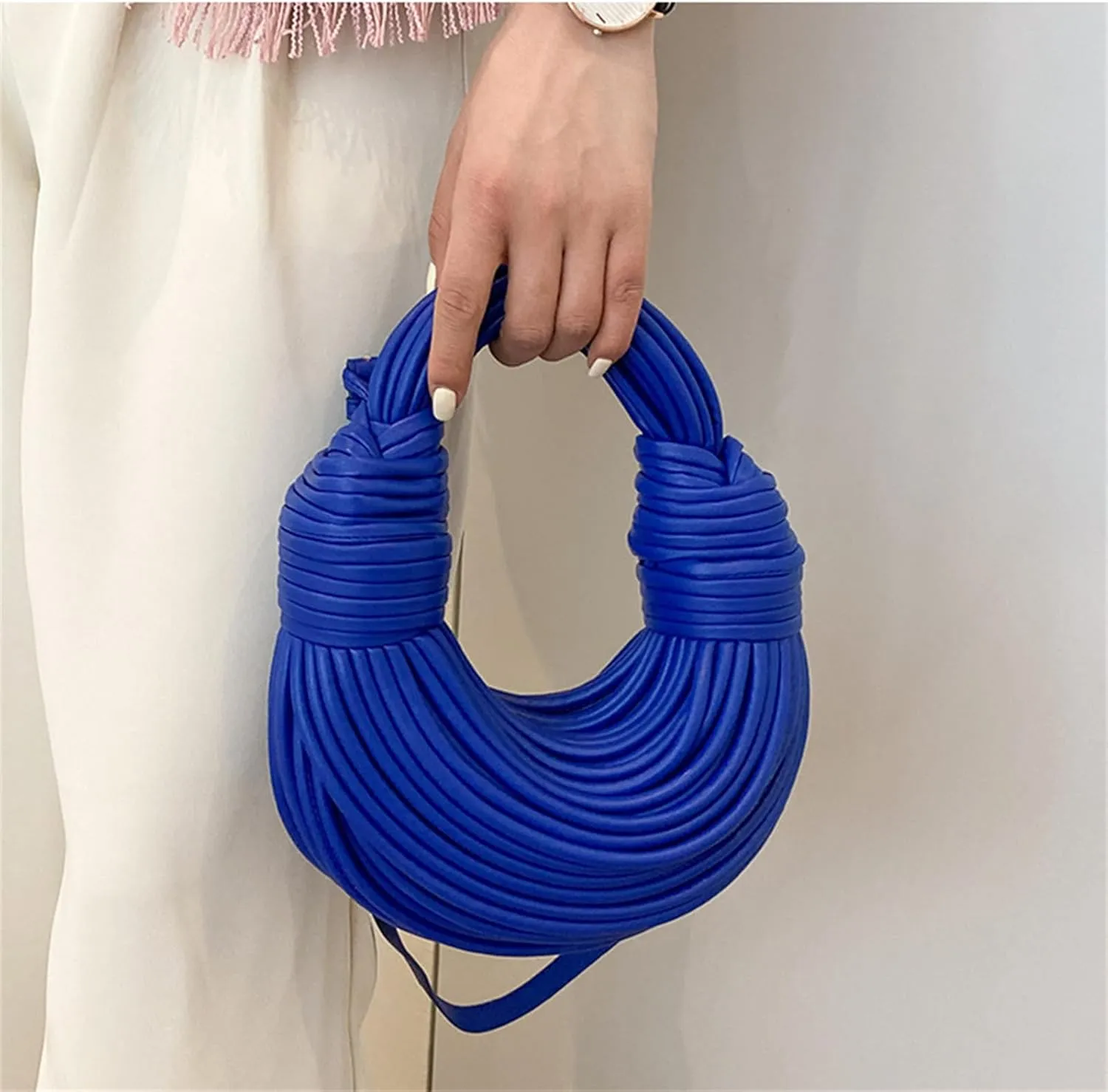 Woven Crossbody Bag for Women, Small Leather Clutch Purse Knotted Bread Handbag Top Handle Noodles Shoulder Bag.