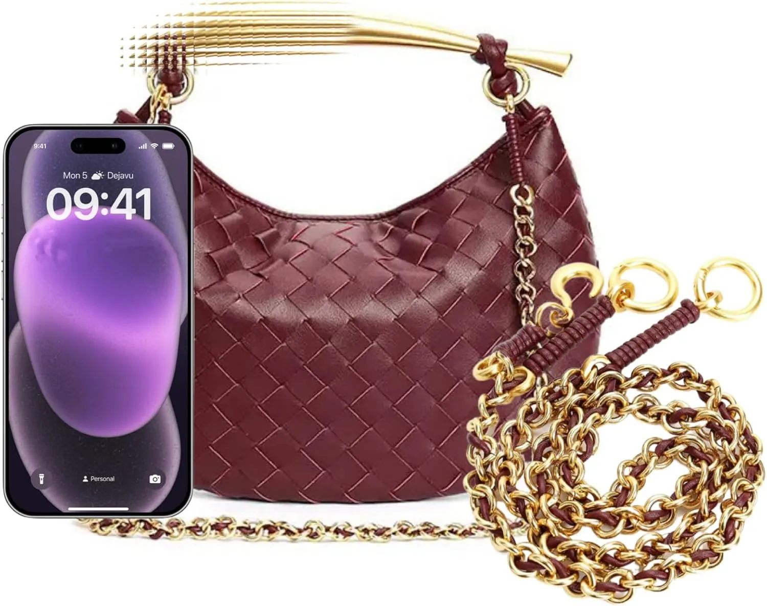 Woven leather chains, dumpling buns, metal handles, handbags, women's wallets, homeless people's bags, and knotted