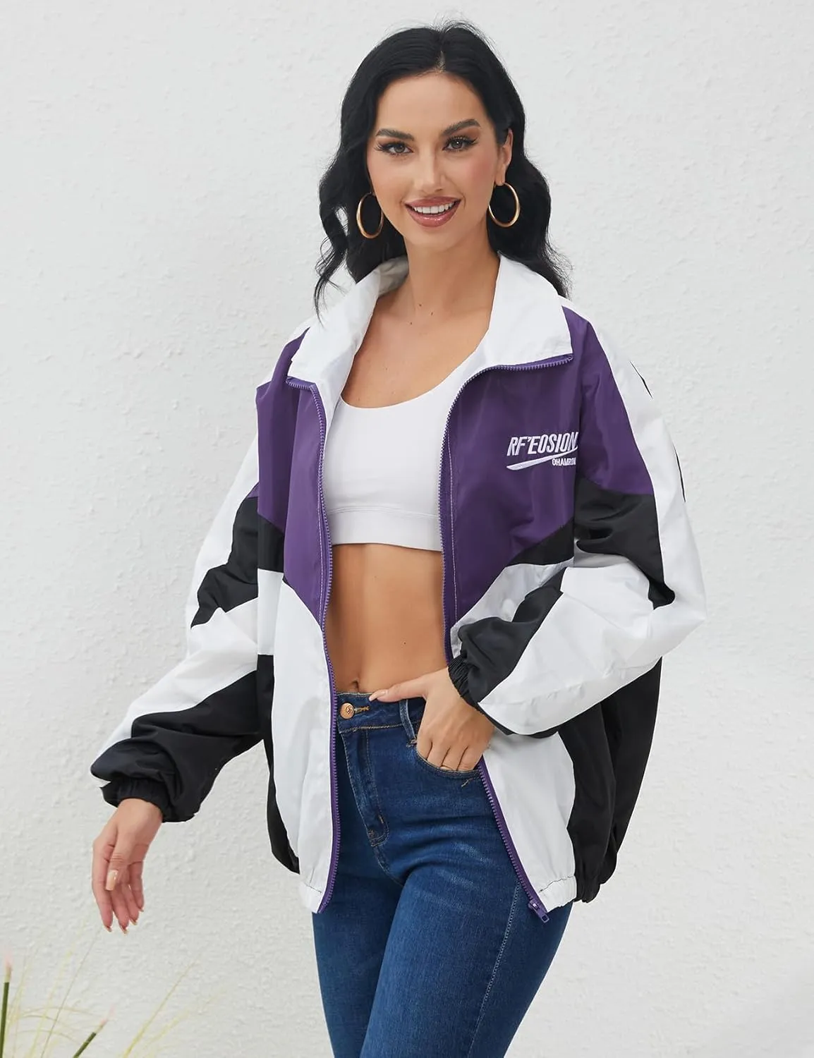 Wyeysyt Women's Y2k Jacket Zip Up Lightweight Windbreaker Jacket Varsity Oversized Sport Jacket Y2k Clothing 90s Jacket