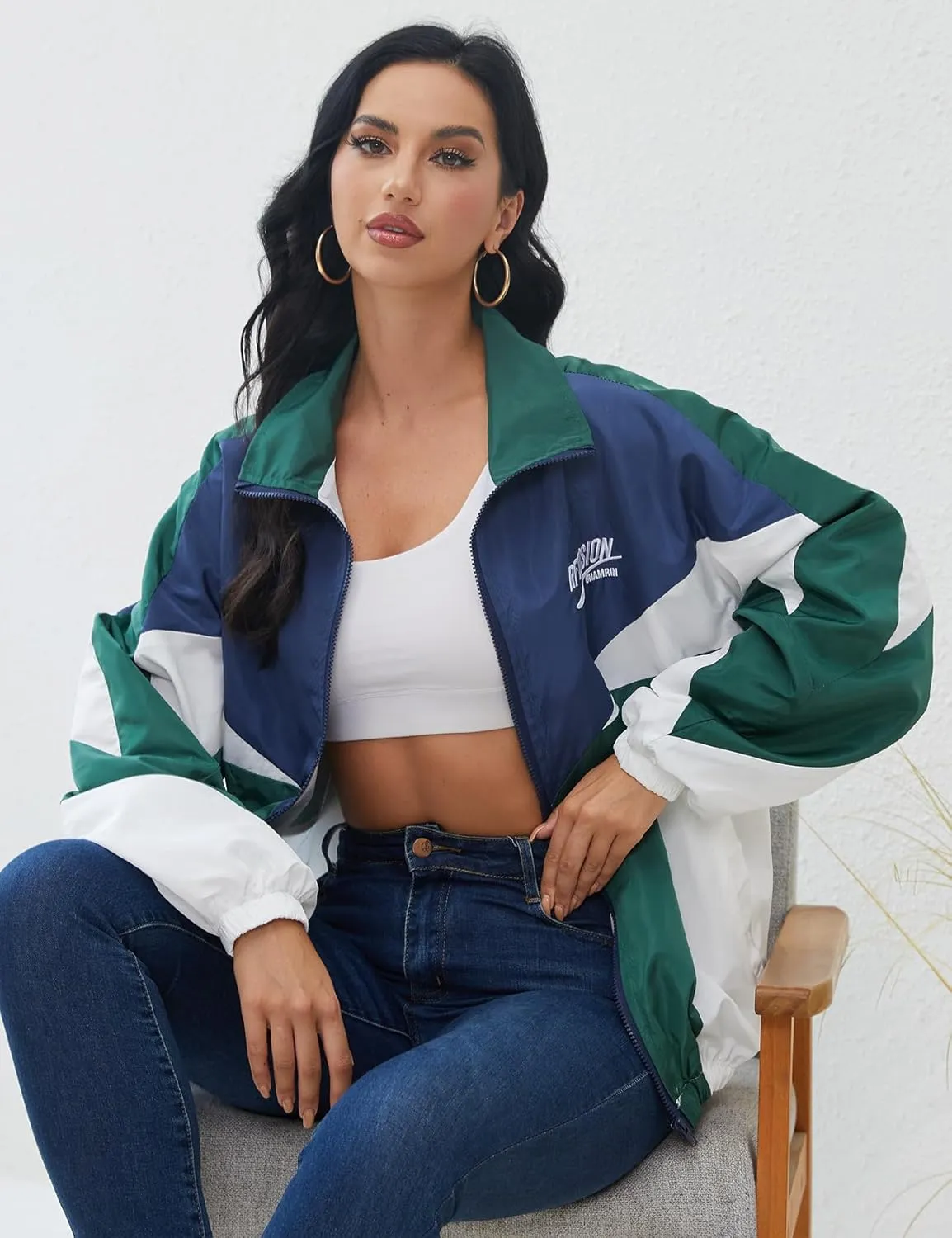 Wyeysyt Women's Y2k Jacket Zip Up Lightweight Windbreaker Jacket Varsity Oversized Sport Jacket Y2k Clothing 90s Jacket