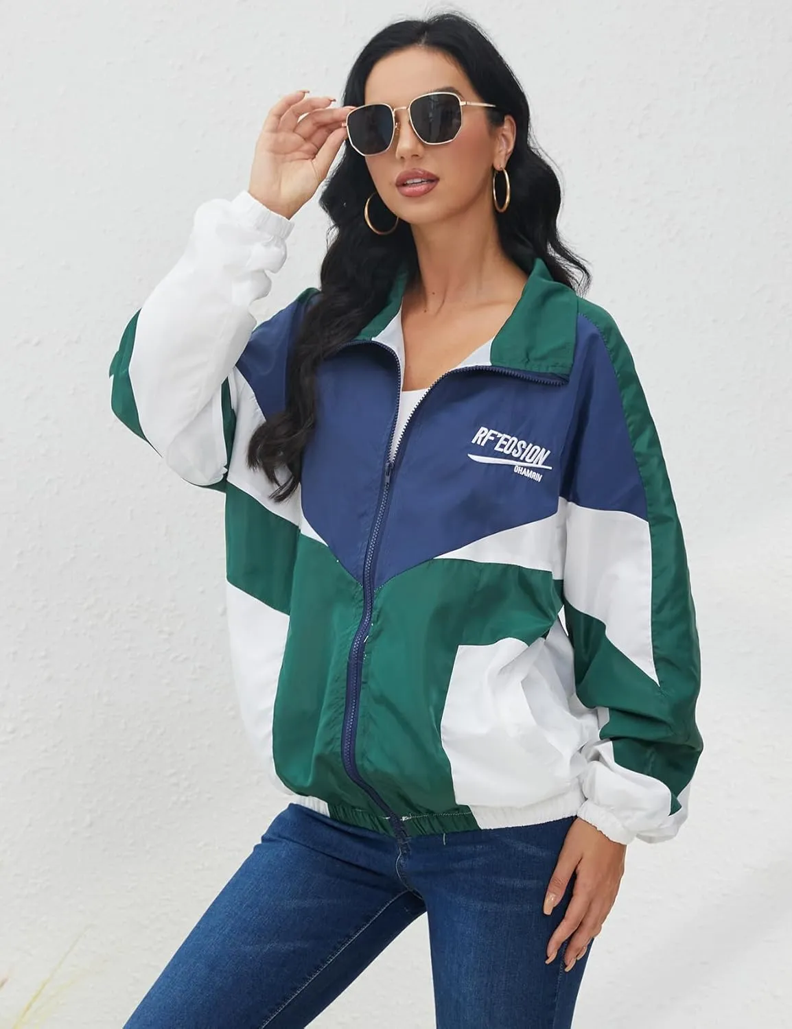 Wyeysyt Women's Y2k Jacket Zip Up Lightweight Windbreaker Jacket Varsity Oversized Sport Jacket Y2k Clothing 90s Jacket