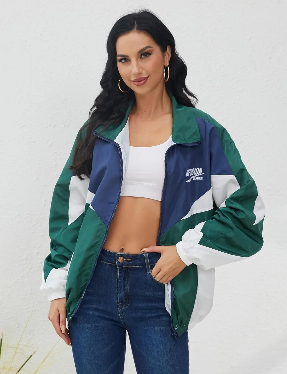 Wyeysyt Women's Y2k Jacket Zip Up Lightweight Windbreaker Jacket Varsity Oversized Sport Jacket Y2k Clothing 90s Jacket