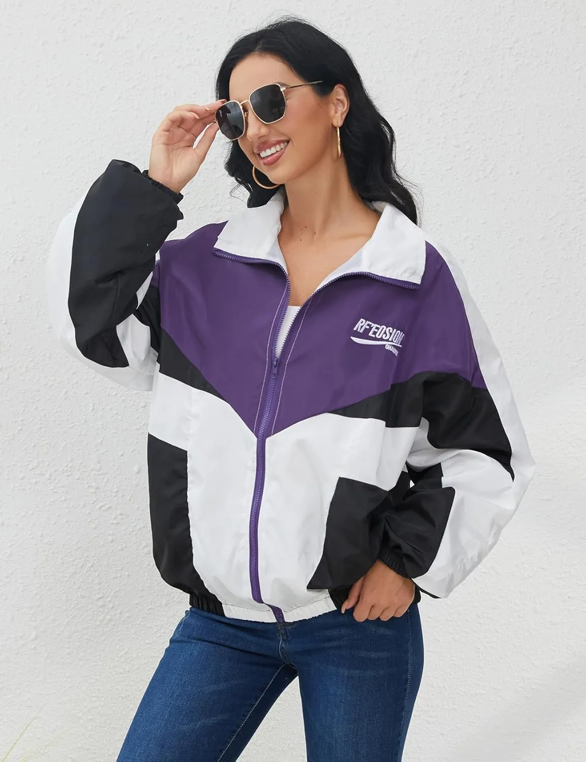 Wyeysyt Women's Y2k Jacket Zip Up Lightweight Windbreaker Jacket Varsity Oversized Sport Jacket Y2k Clothing 90s Jacket