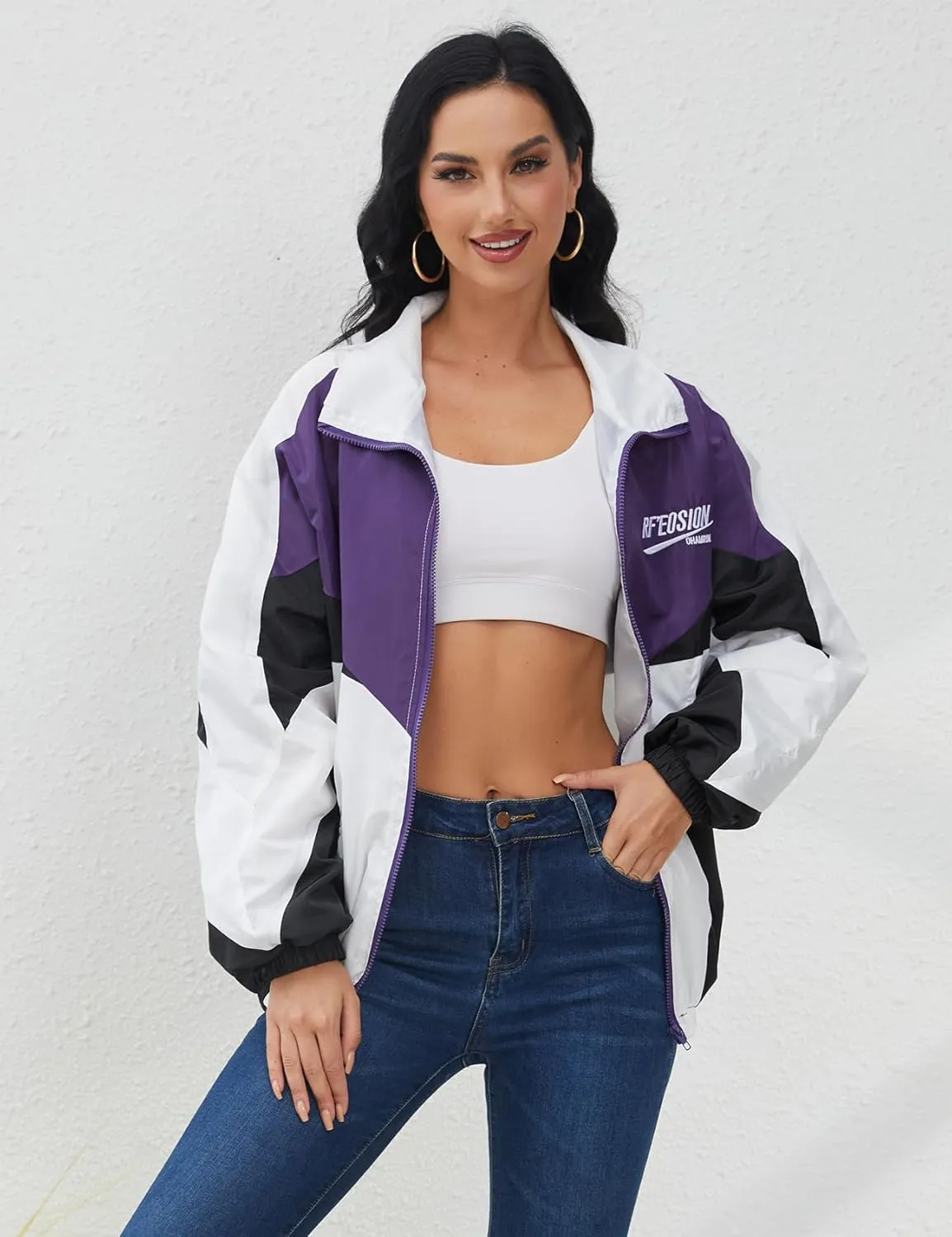 Wyeysyt Women's Y2k Jacket Zip Up Lightweight Windbreaker Jacket Varsity Oversized Sport Jacket Y2k Clothing 90s Jacket