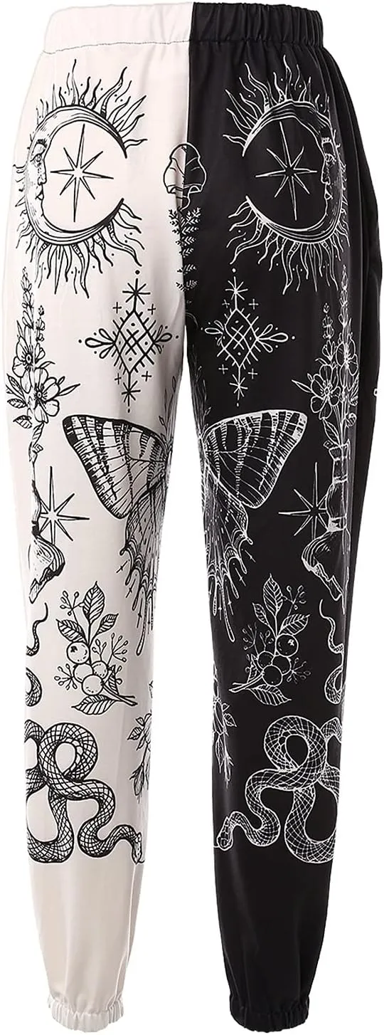 XFLnaraz Women's Fashion Printed Jogger Pants Elastic Waist Color Block Street Loose Sweatpants with Pockets