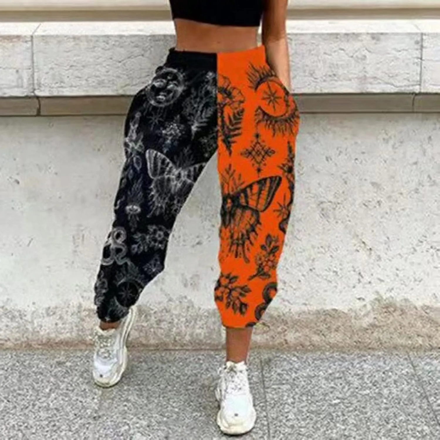 XFLnaraz Women's Fashion Printed Jogger Pants Elastic Waist Color Block Street Loose Sweatpants with Pockets