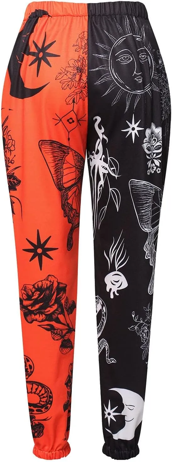 XFLnaraz Women's Fashion Printed Jogger Pants Elastic Waist Color Block Street Loose Sweatpants with Pockets