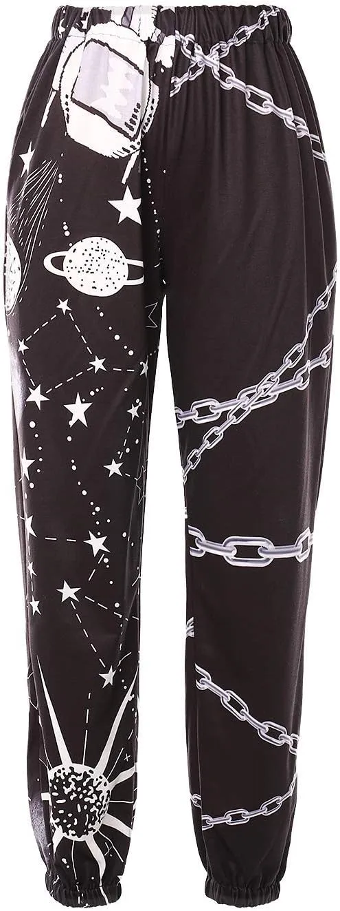 XFLnaraz Women's Fashion Printed Jogger Pants Elastic Waist Color Block Street Loose Sweatpants with Pockets