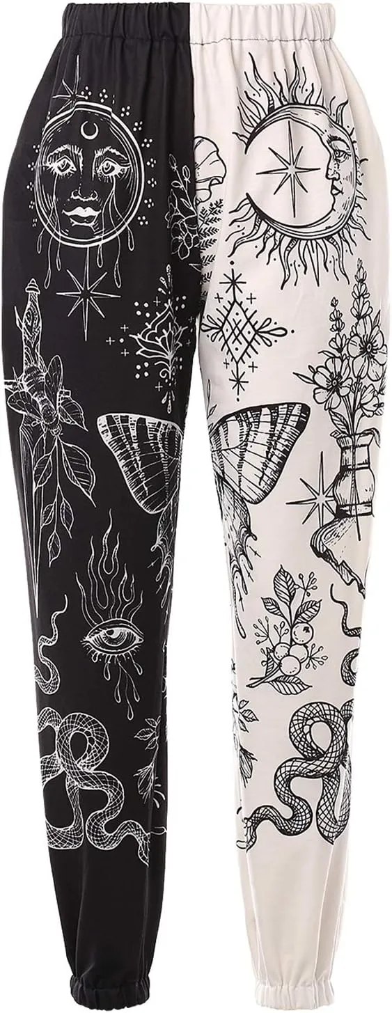 XFLnaraz Women's Fashion Printed Jogger Pants Elastic Waist Color Block Street Loose Sweatpants with Pockets