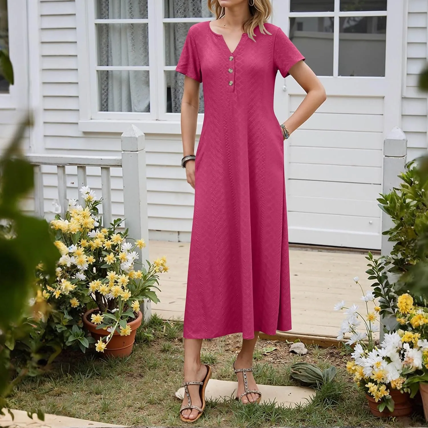 Xiaojmake Womens Short Sleeve V Neck Eyelet Long Maxi Dress Trendy Elegant Button Full Length Casual Crochet Swing Sundresses