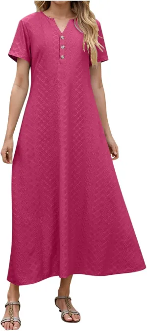 Xiaojmake Womens Short Sleeve V Neck Eyelet Long Maxi Dress Trendy Elegant Button Full Length Casual Crochet Swing Sundresses