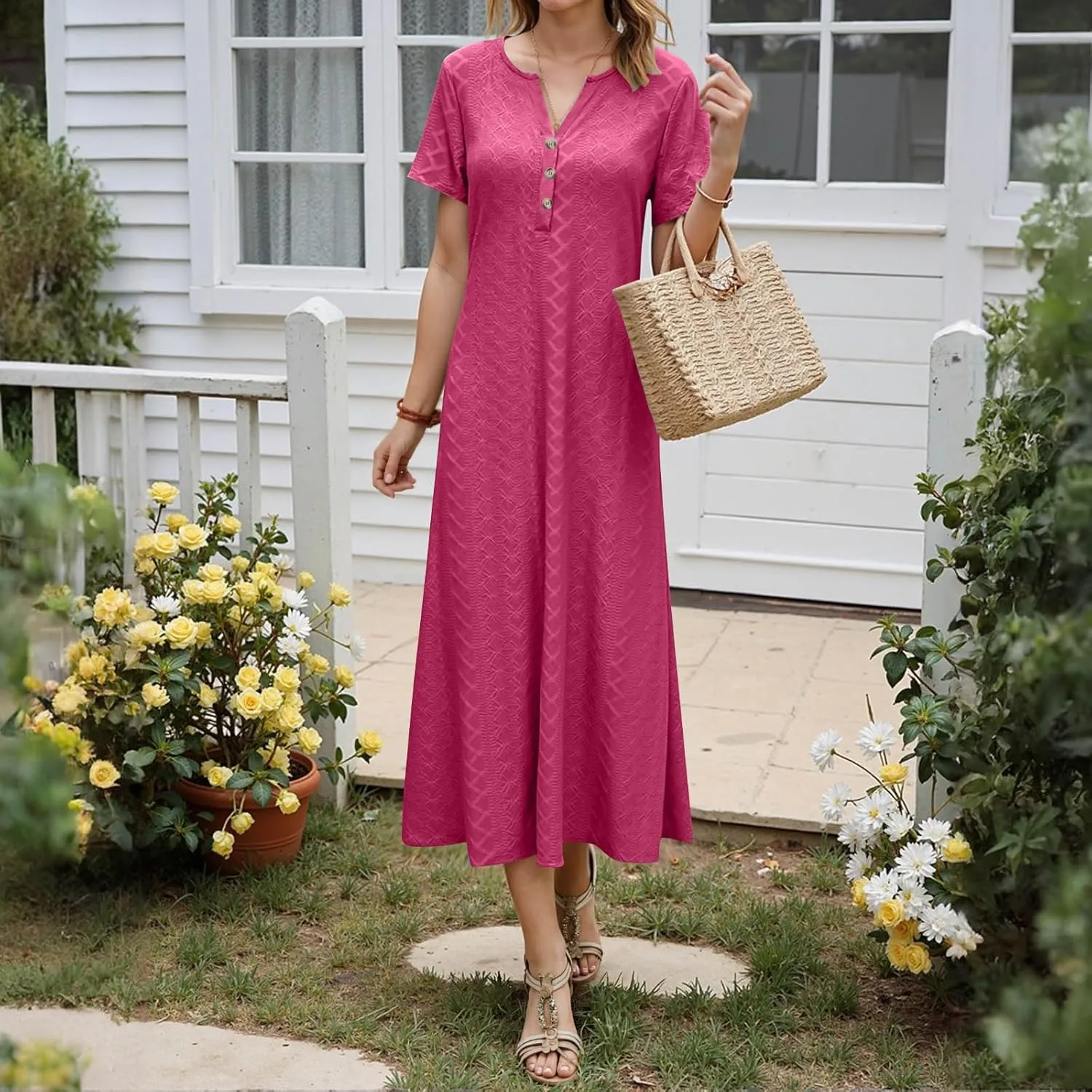 Xiaojmake Womens Short Sleeve V Neck Eyelet Long Maxi Dress Trendy Elegant Button Full Length Casual Crochet Swing Sundresses